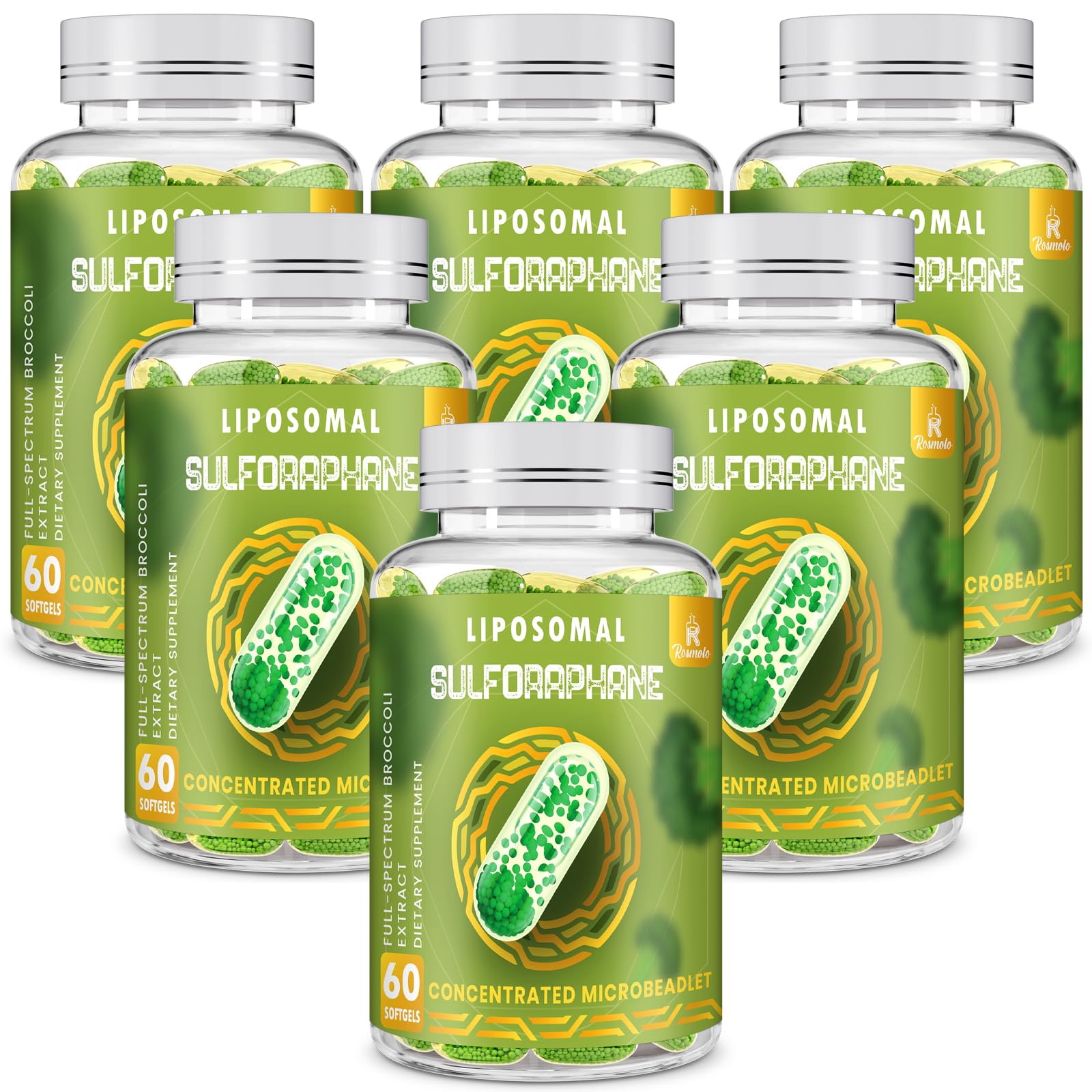 Front view of 800 mg Liposomal Sulforaphane bottle with 360 softgels