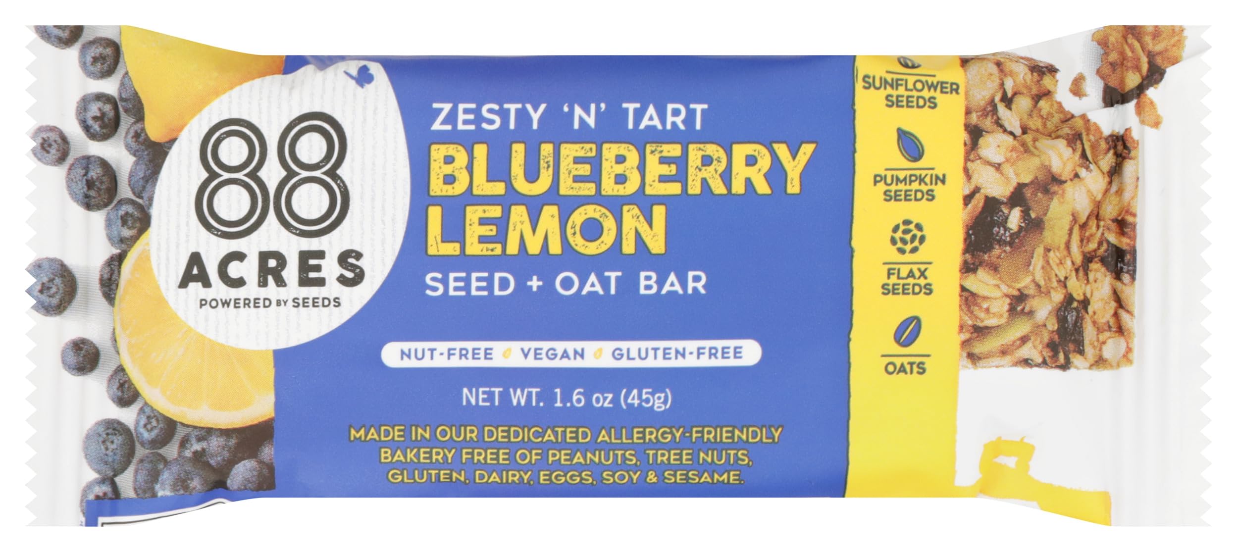 88 Acres Blueberry Lemon Craft Seed Oat Bar front view, gluten-free snack for busy days