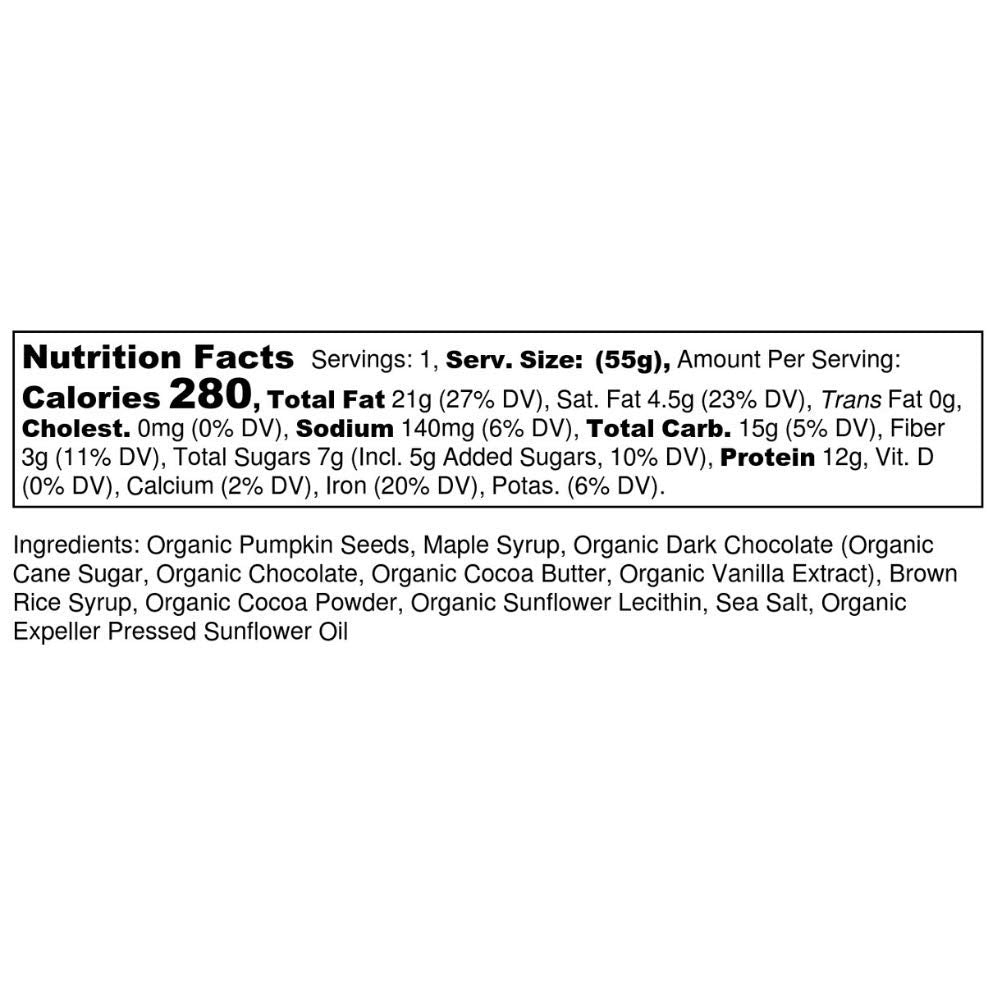 Ingredients featuring pumpkin seeds and dark chocolate for 88 Acres seed protein bar