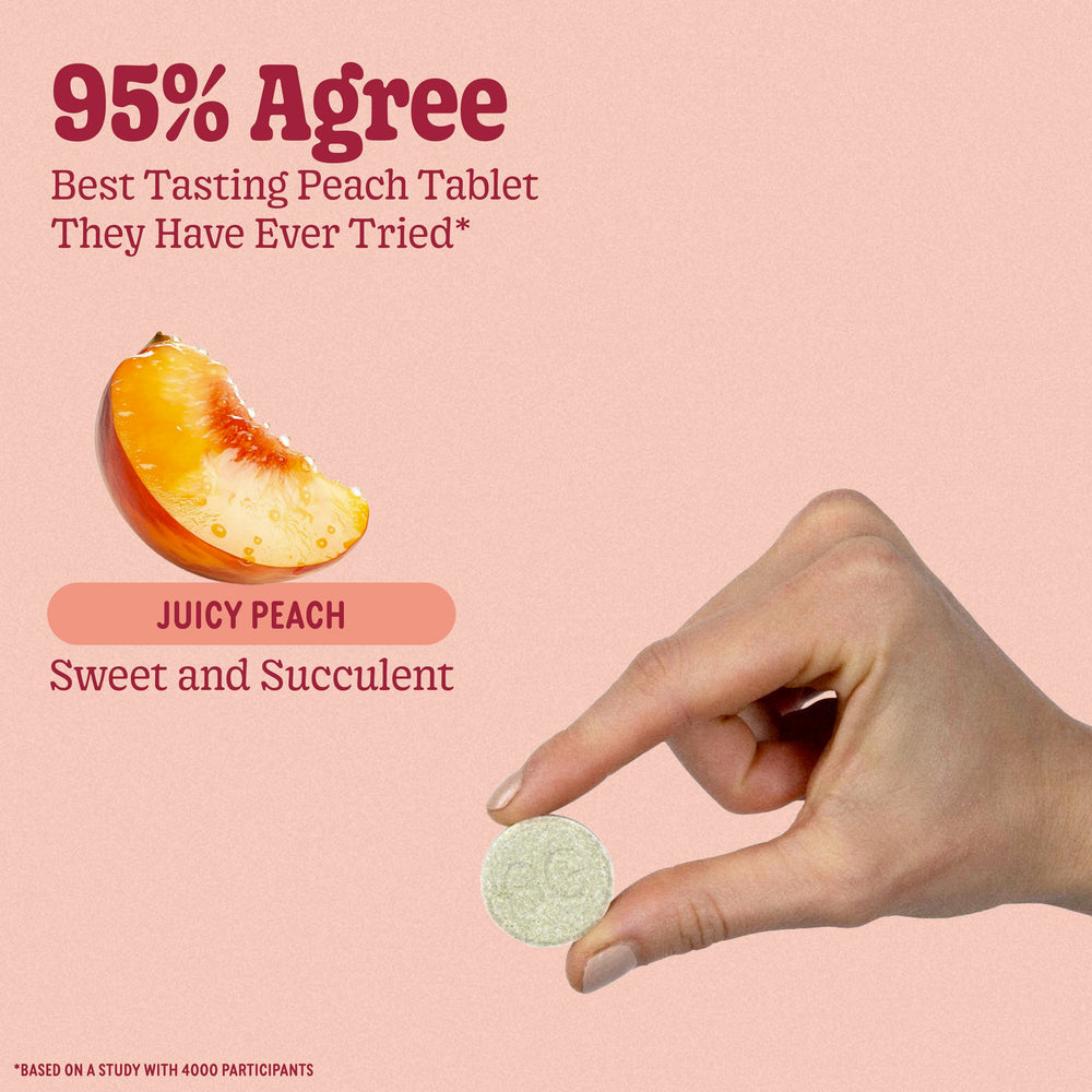 Close-up of peach flavored 8Greens tablet