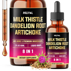 Bottle of 8in1 Milk Thistle Drops with Dandelion Root Extract labeling