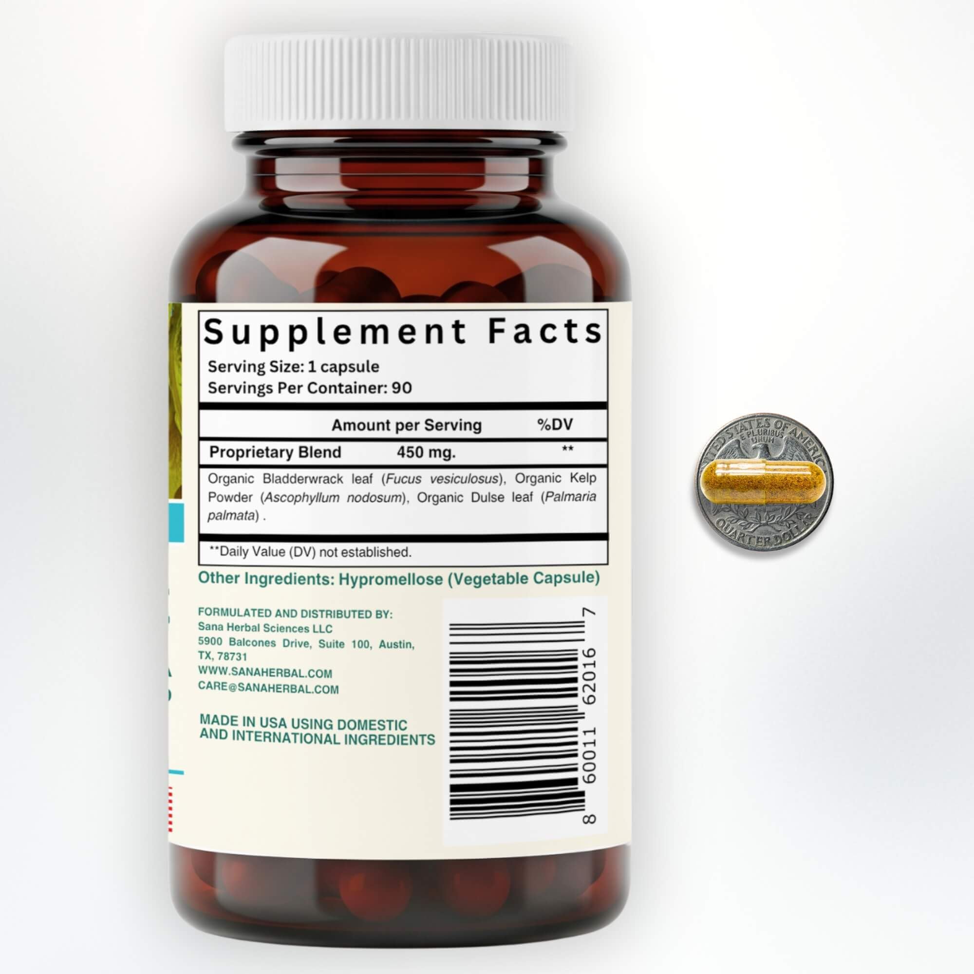 Front view of 90-capsule seaweed supplement bottle