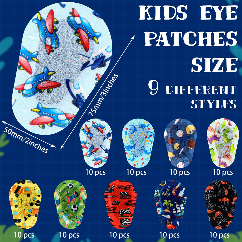 Assorted boy-friendly eye patch designs including sports and adventures