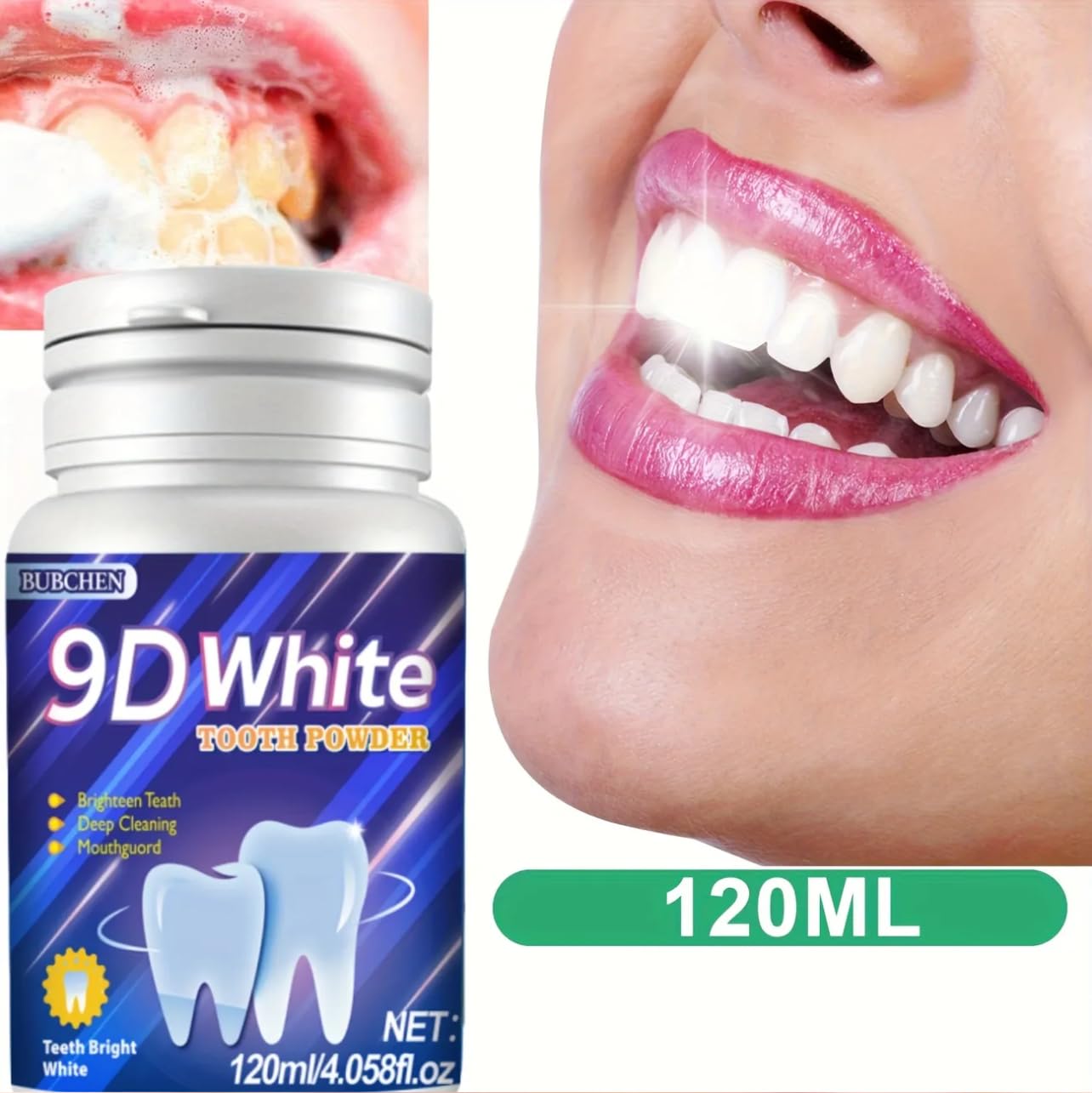 Close-up of applying 9D White Tooth Powder to a toothbrush