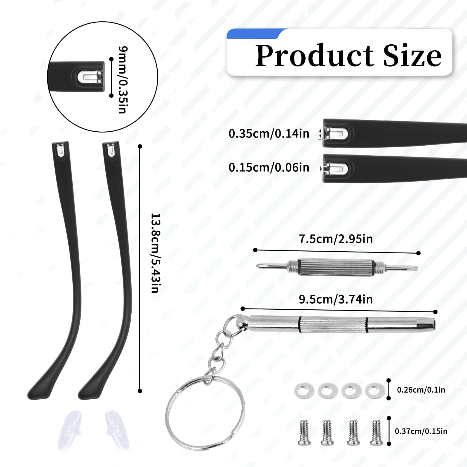 Close-up of replacement temples, screws and gaskets in TR90 repair kit