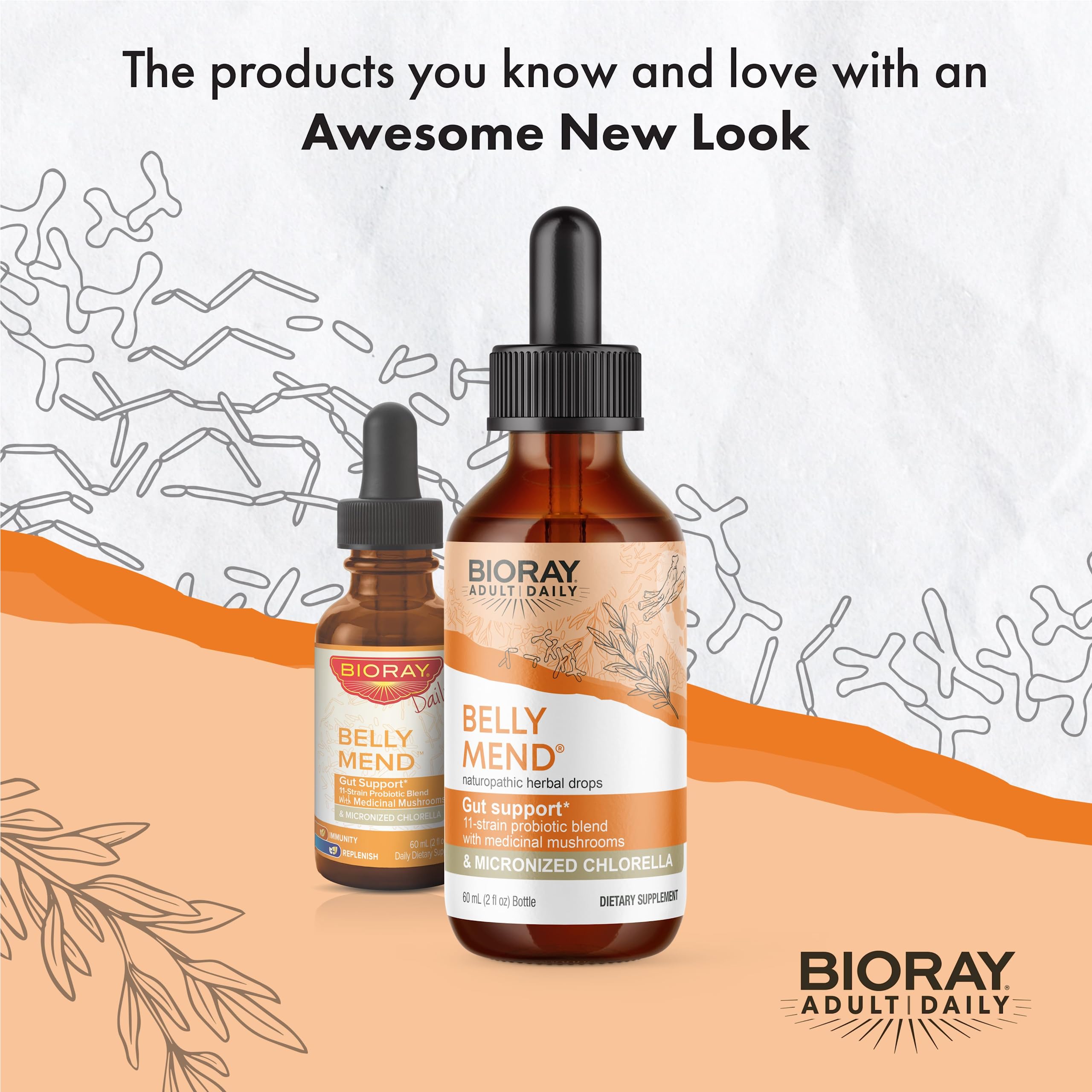 Flat lay of BIORAY Daily Belly Mend packaging and bottle