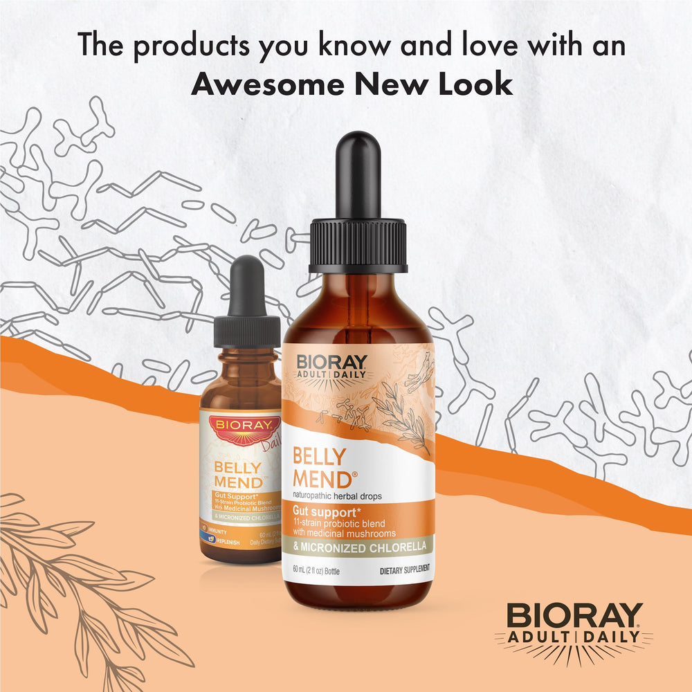 Flat lay of BIORAY Daily Belly Mend packaging and bottle