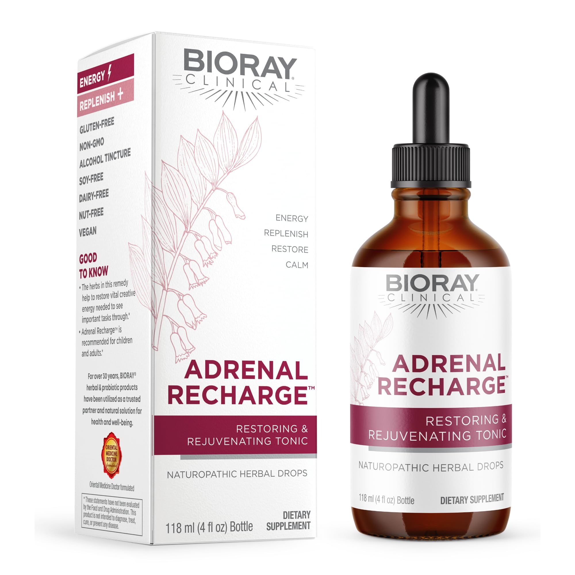 Front view of BIORAY Clinical Adrenal Recharge 4 oz bottle