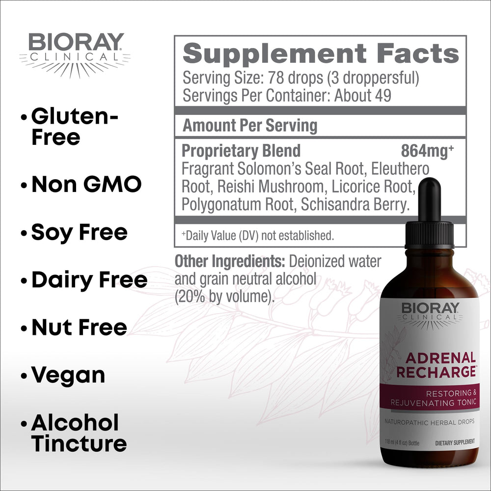 BIORAY Adrenal Recharge 4 oz bottle label showing Non-GMO, Vegan, Gluten Free