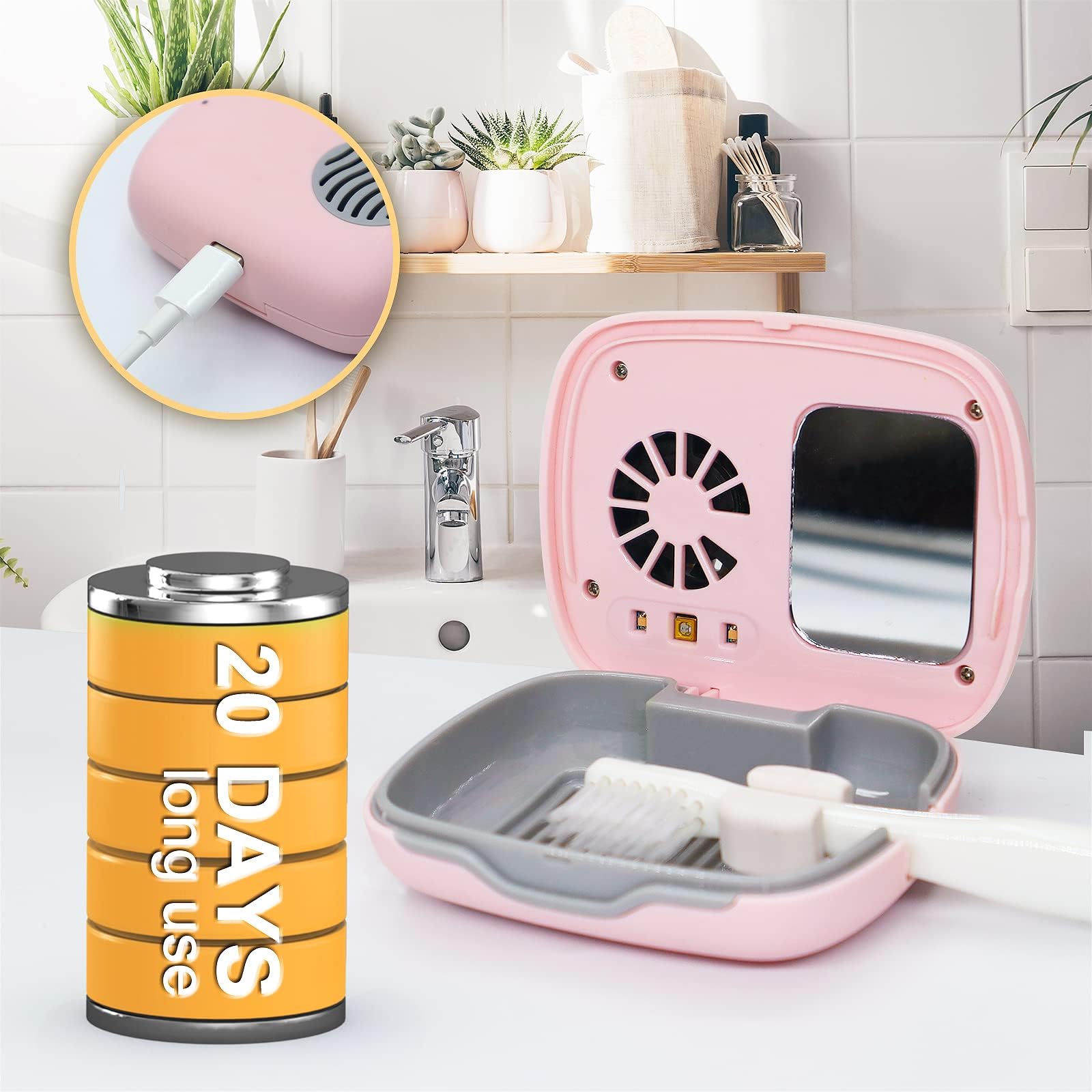 Closed pink travel case with lid for electric/manual toothbrushes