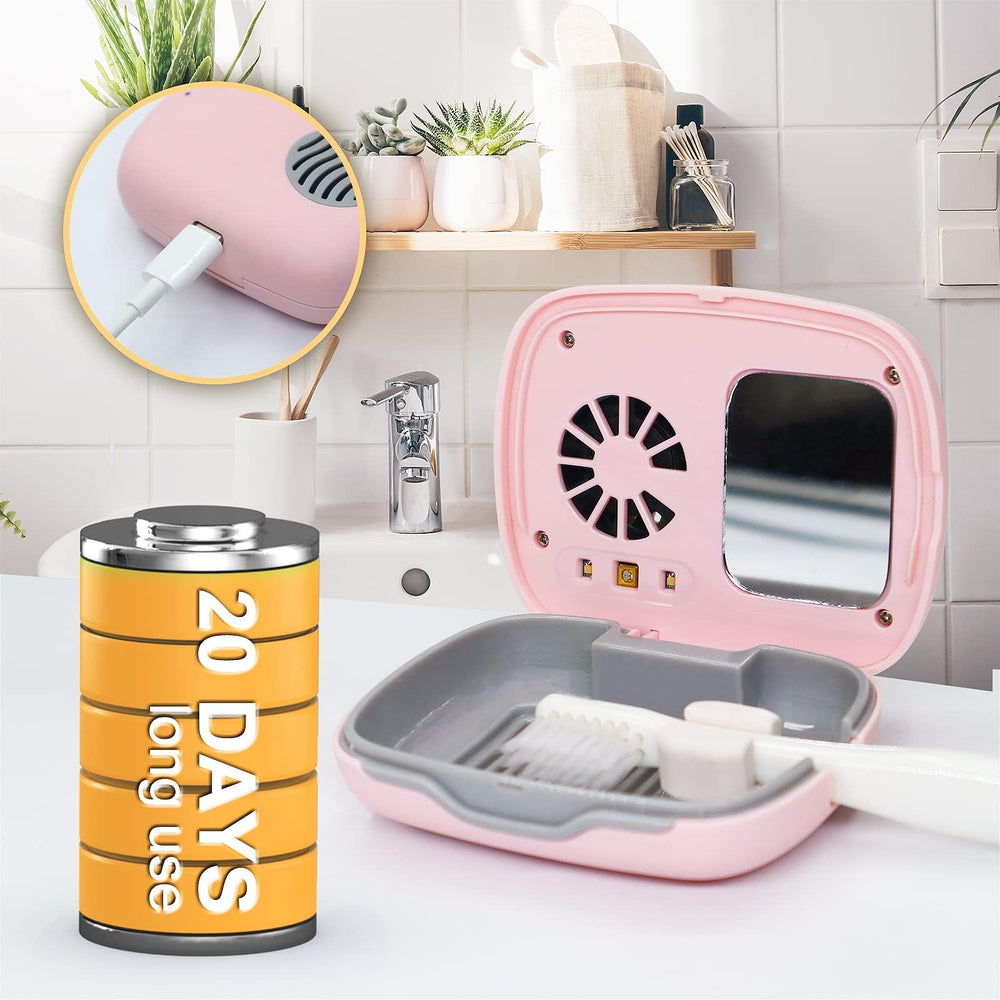 Closed pink travel case with lid for electric/manual toothbrushes