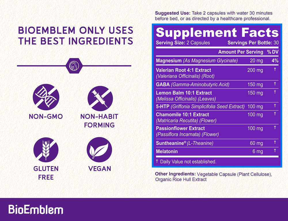 Melatonin, GABA, Suntheanine and 5-HTP in BioEmblem Sleep Aid