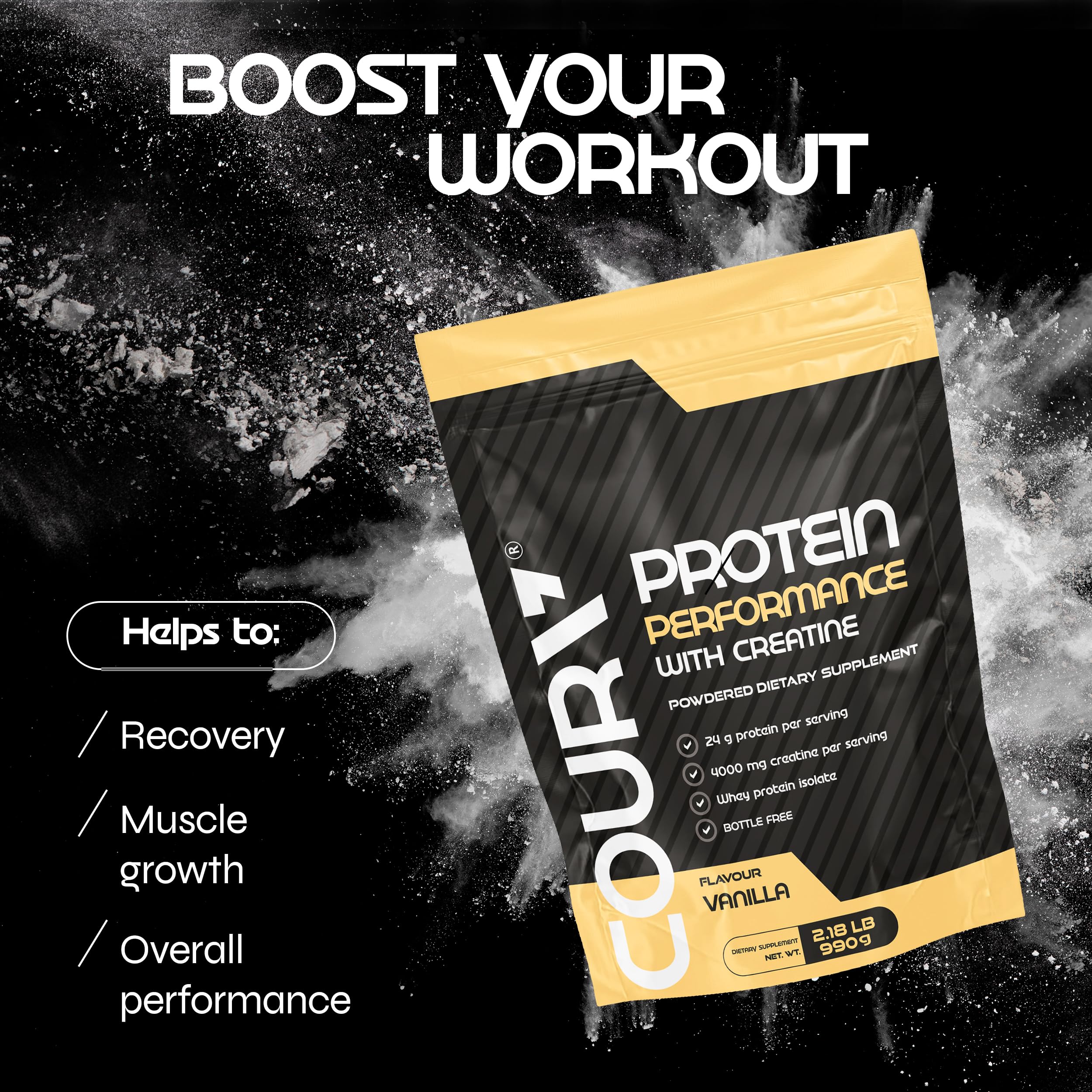 Gluten-free badge on COURA Proteín Performance 990g packaging