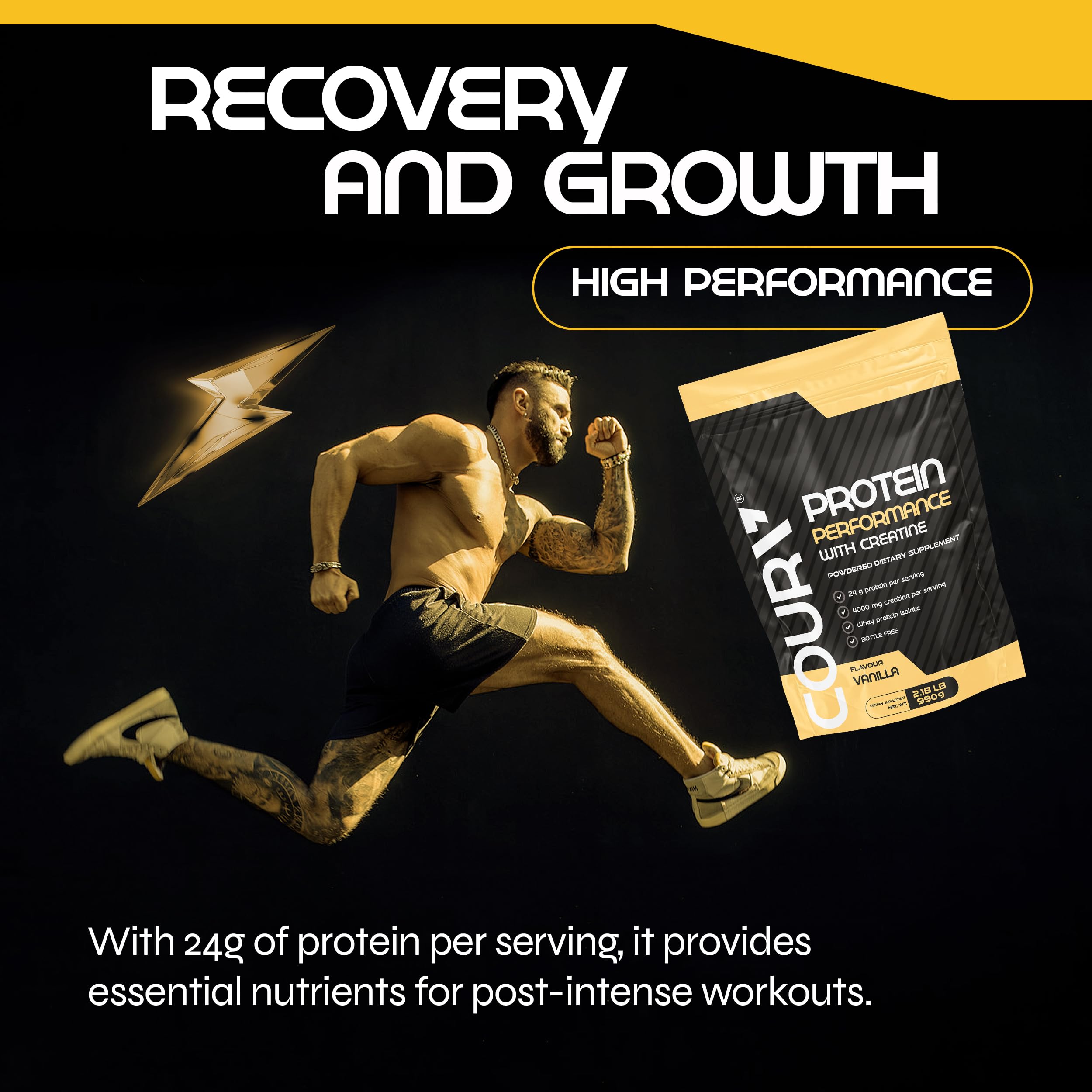 Ingredients and creatine information for COURA Proteín Performance 990g
