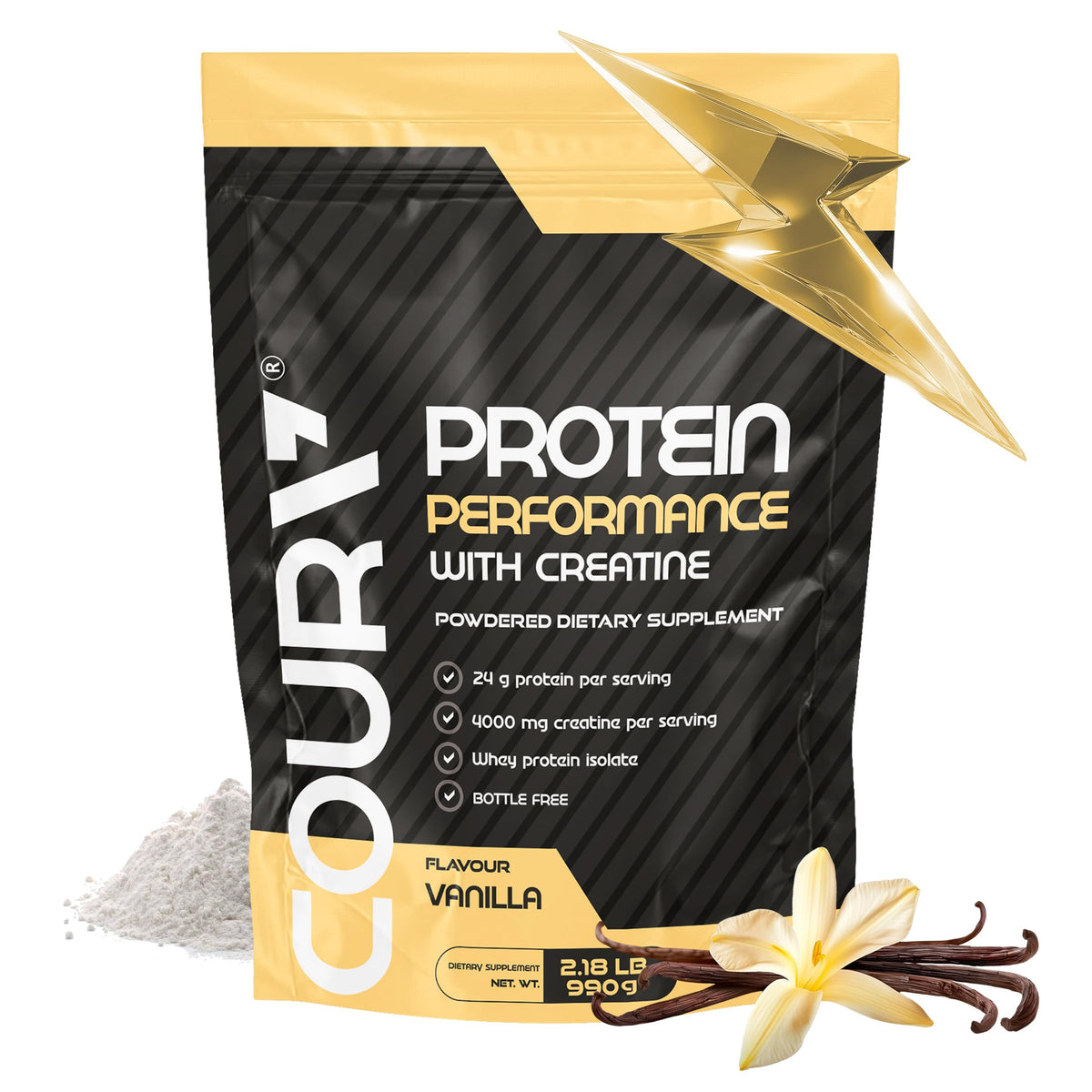 COURA Proteín Performance 990g vanilla flavor – front view of bottle