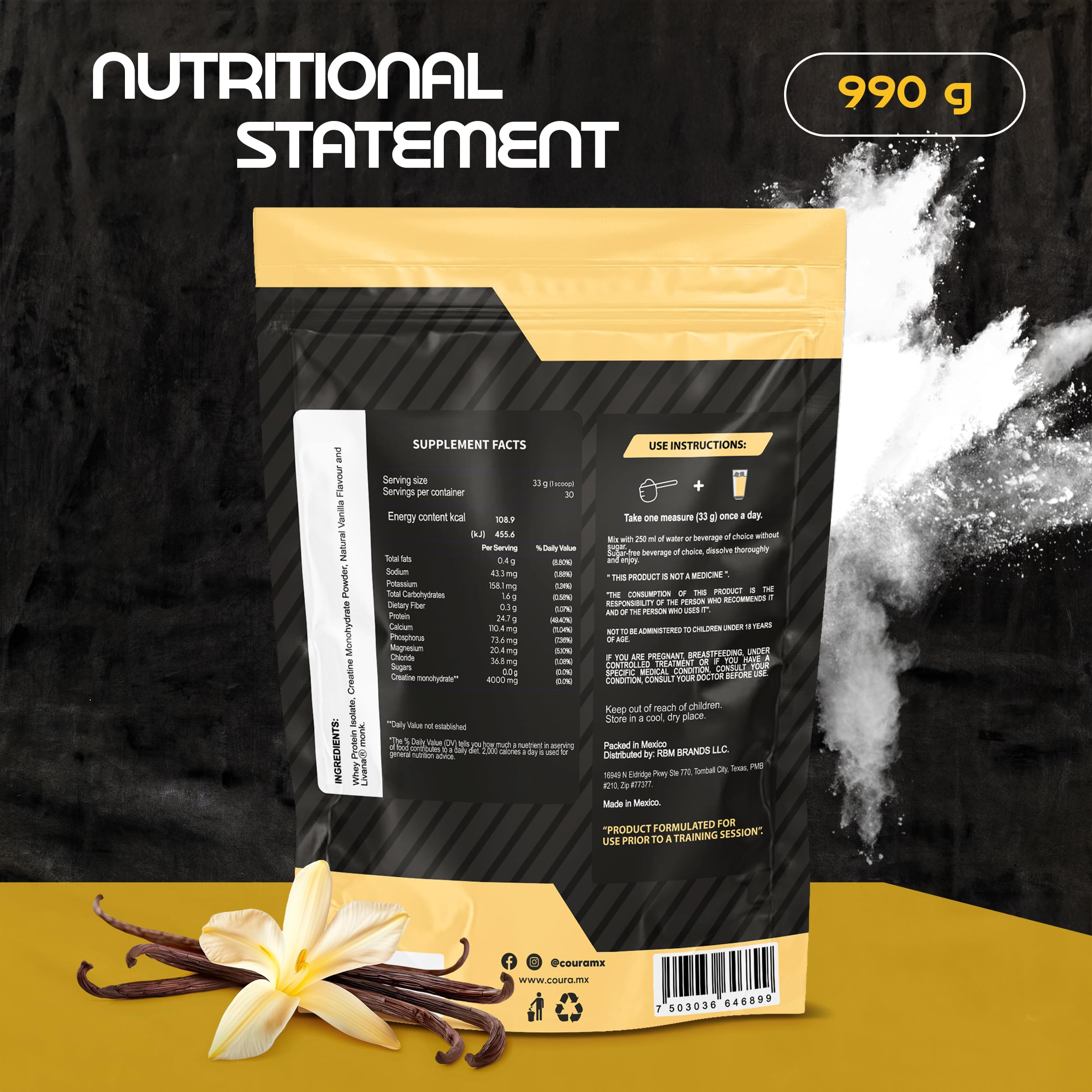 Vanilla flavor scoop of COURA Proteín Performance 990g