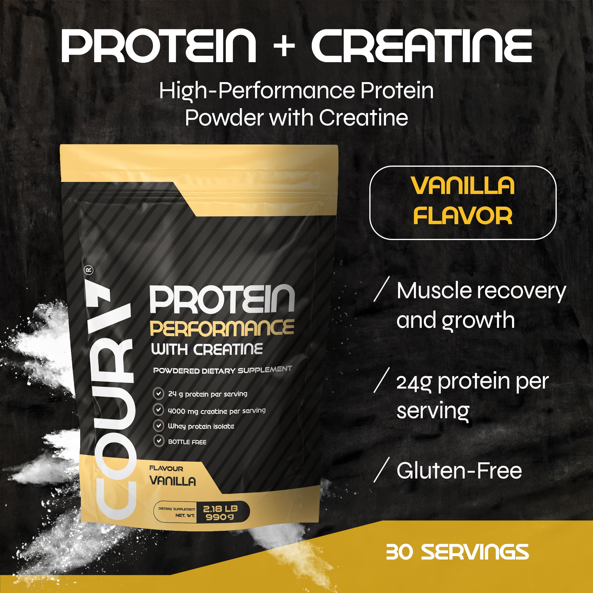 COURA Proteín Performance 990g vanilla flavor – side view