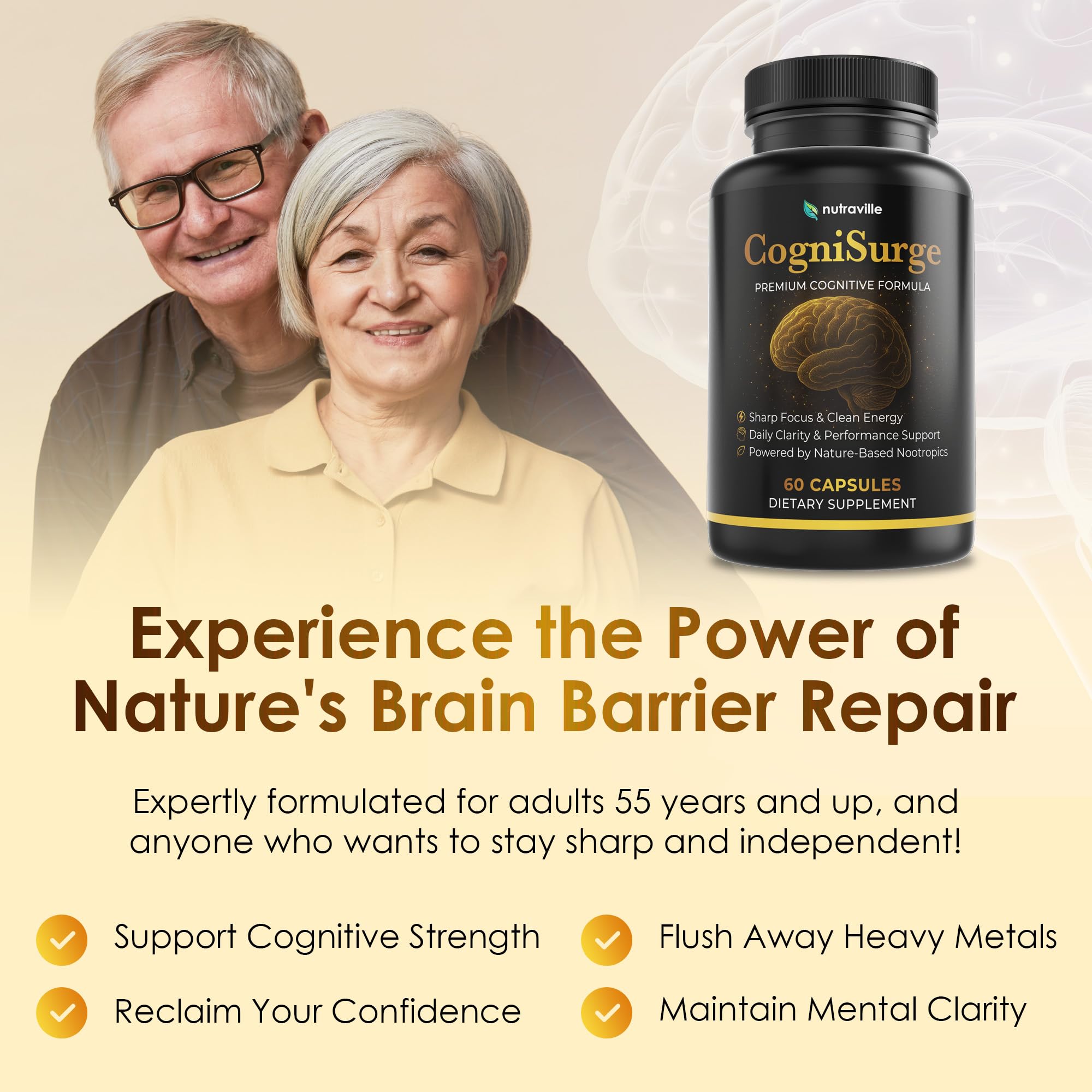 Vegan, non-GMO CogniSurge packaging with third-party tested seal