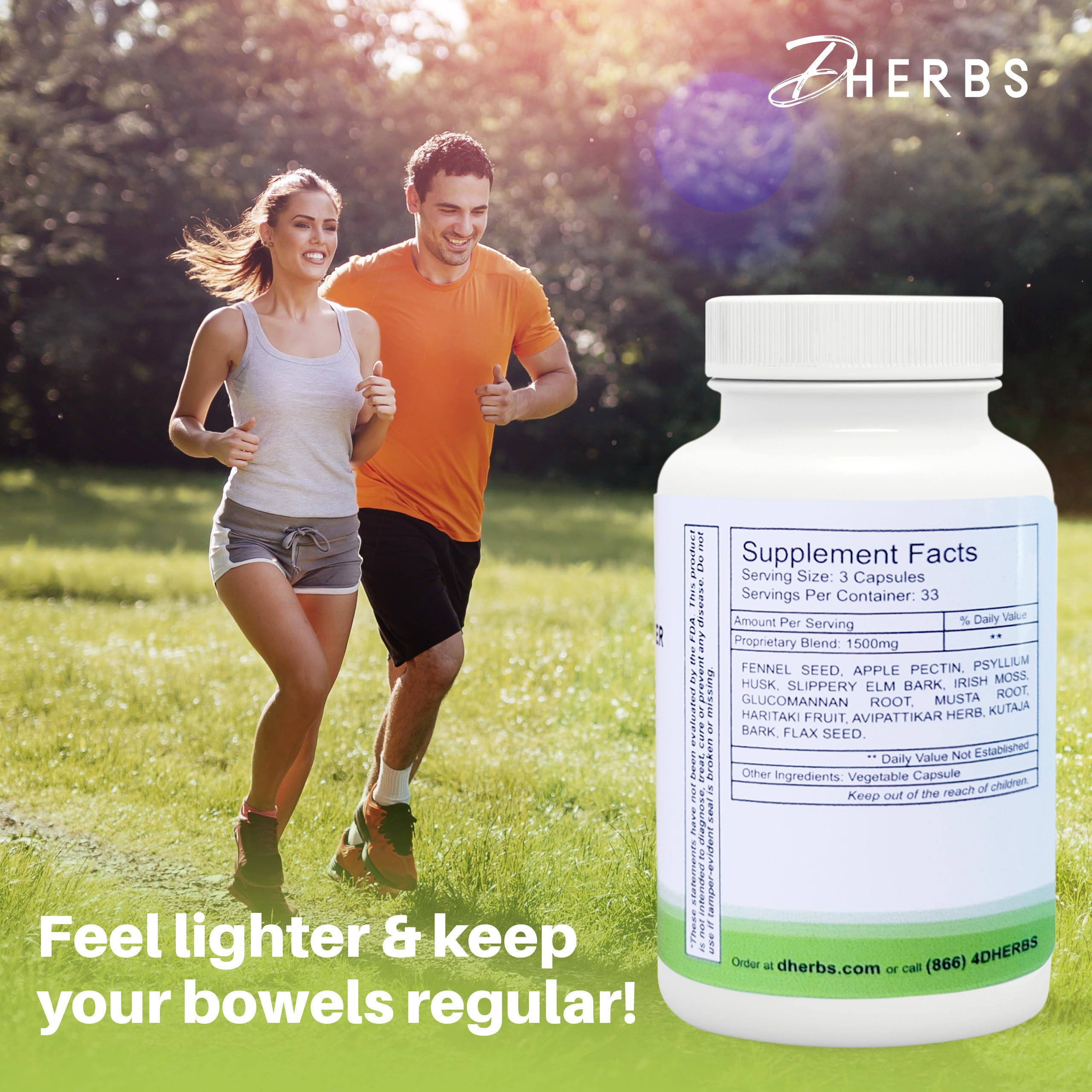 Ingredients panel highlighting fennel seed, apple pectin, psyllium husk