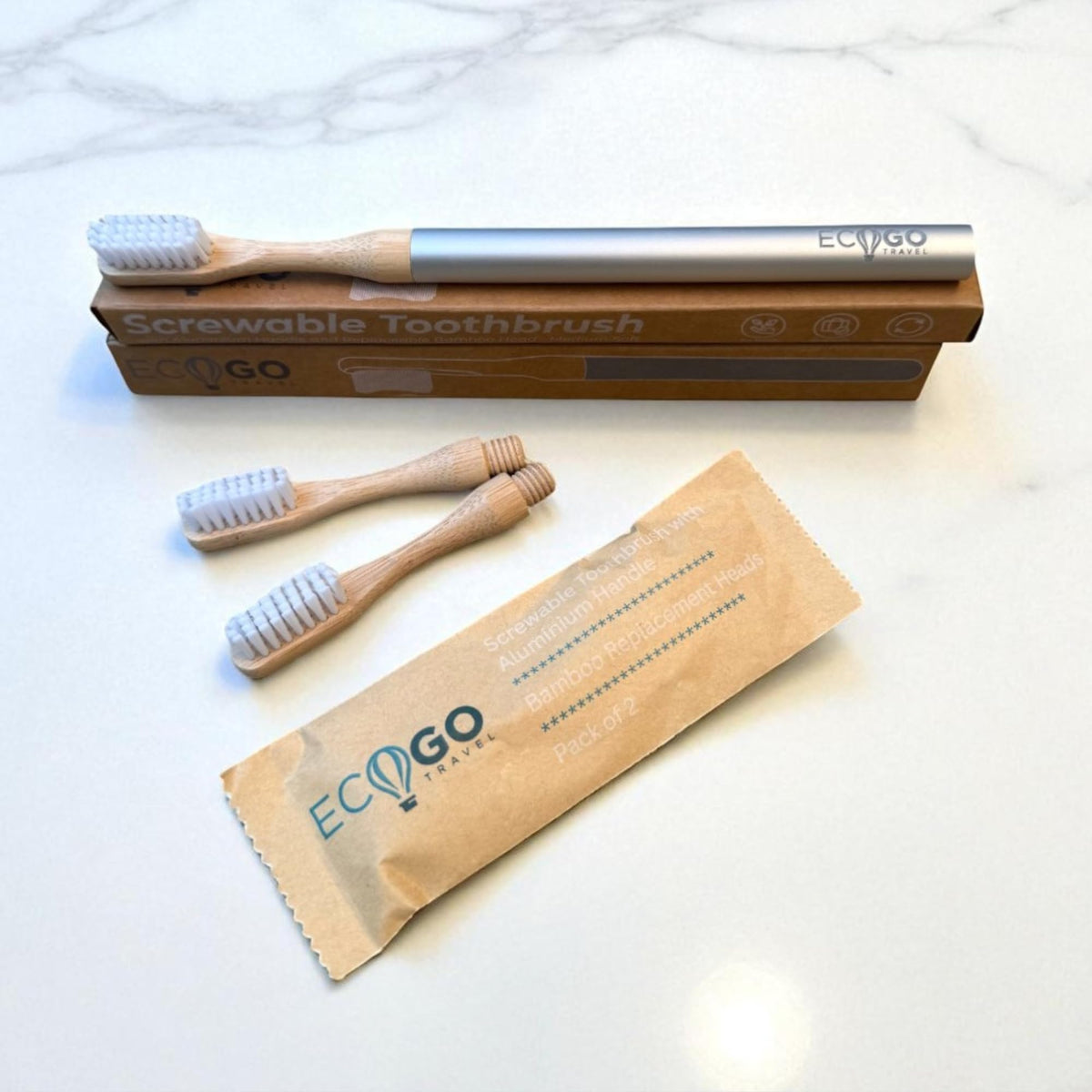 EcoGoTravel screwable toothbrush with aluminum handle and bamboo head