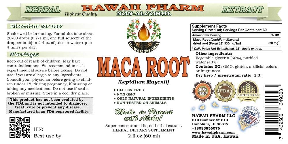 Close-up of Hawaii Pharm Maca Root Alcohol-Free Liquid Extract bottle