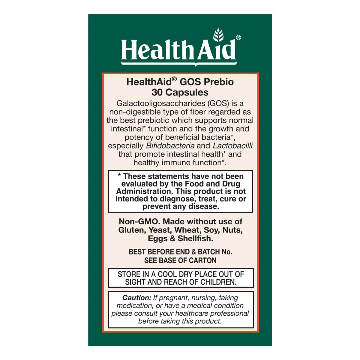 HealthAid GOSPrebio capsules on white background