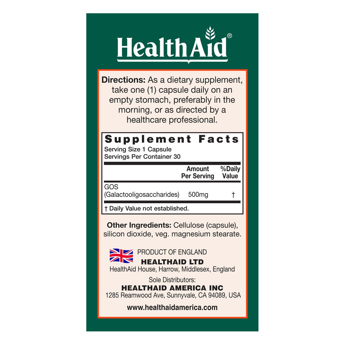 Close-up of HealthAid GOSPrebio product label