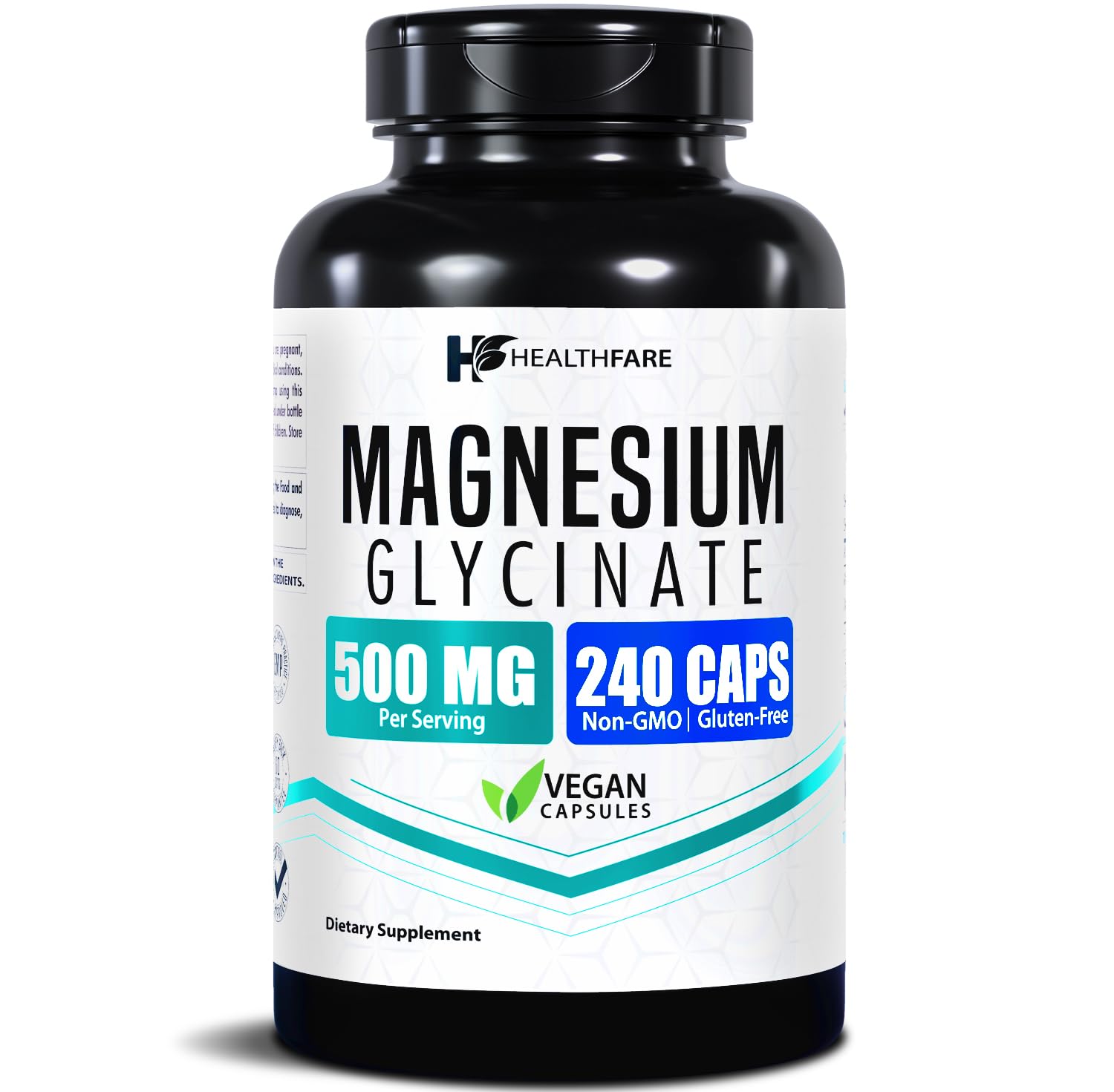 HealthFare Magnesium Glycinate 500mg bottle with 240 vegan capsules