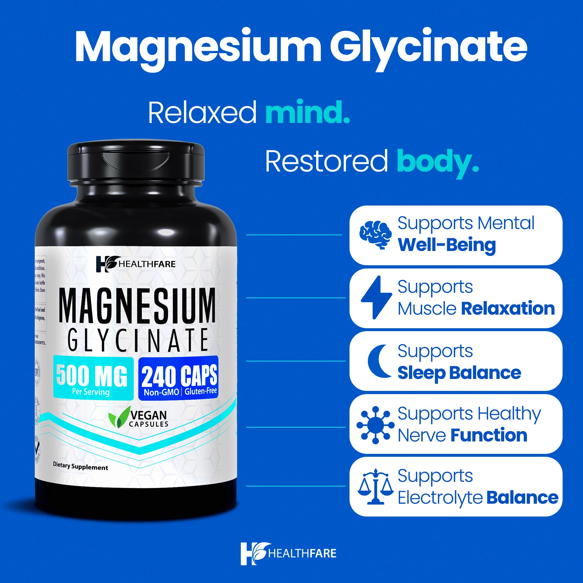 Close-up of HealthFare Magnesium Glycinate 500mg capsules