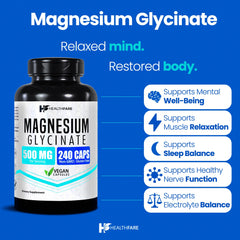 Close-up of HealthFare Magnesium Glycinate 500mg capsules
