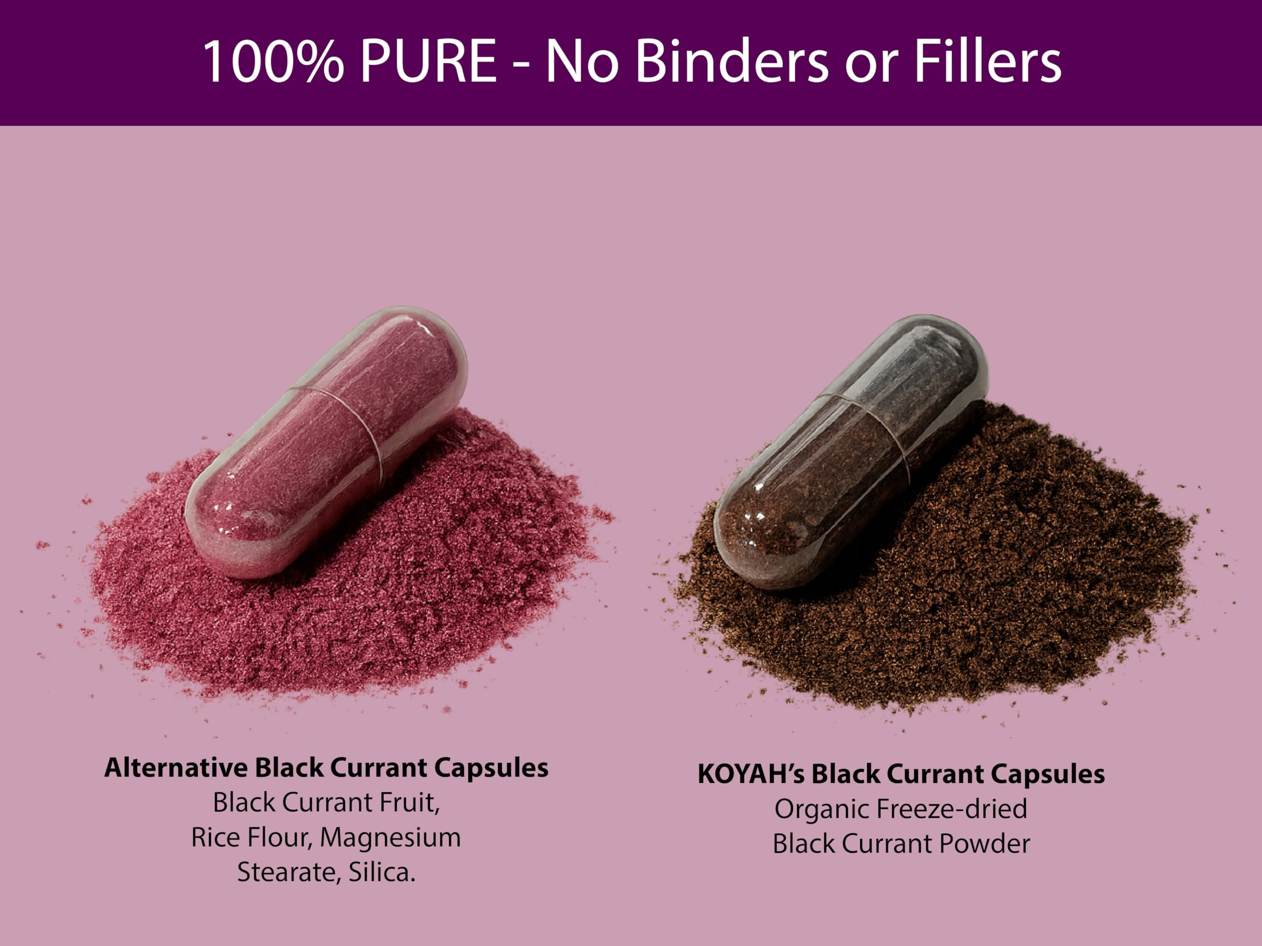 Ingredients and nutrition label for KOYAH Black Currant Capsules