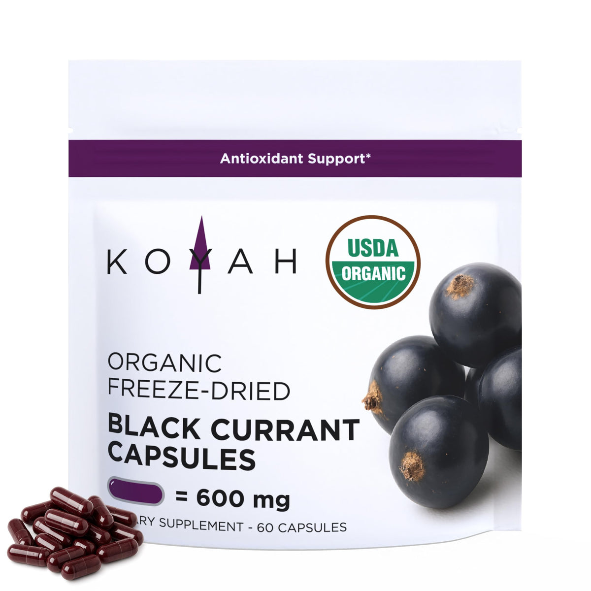 Front view of KOYAH Organic Black Currant Capsules bottle