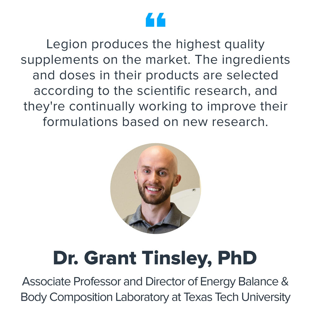 Graphic showing benefits of Legion Vitamin B-Complex: energy, mood, metabolism, and muscle support