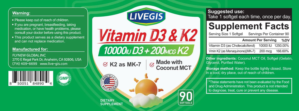 Packaging and bottle of LIVEGIS Vitamin D3 K2 softgels