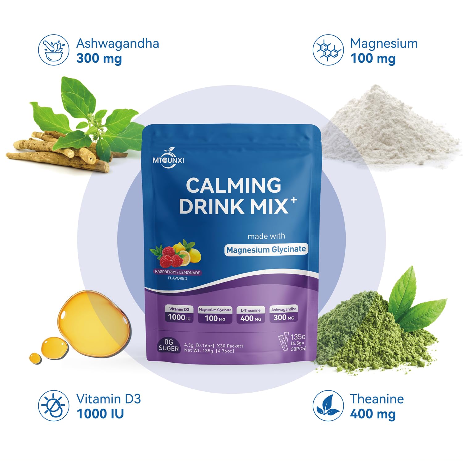 Graphic highlighting Ashwagandha, L-Theanine and Vitamin D3 on packaging