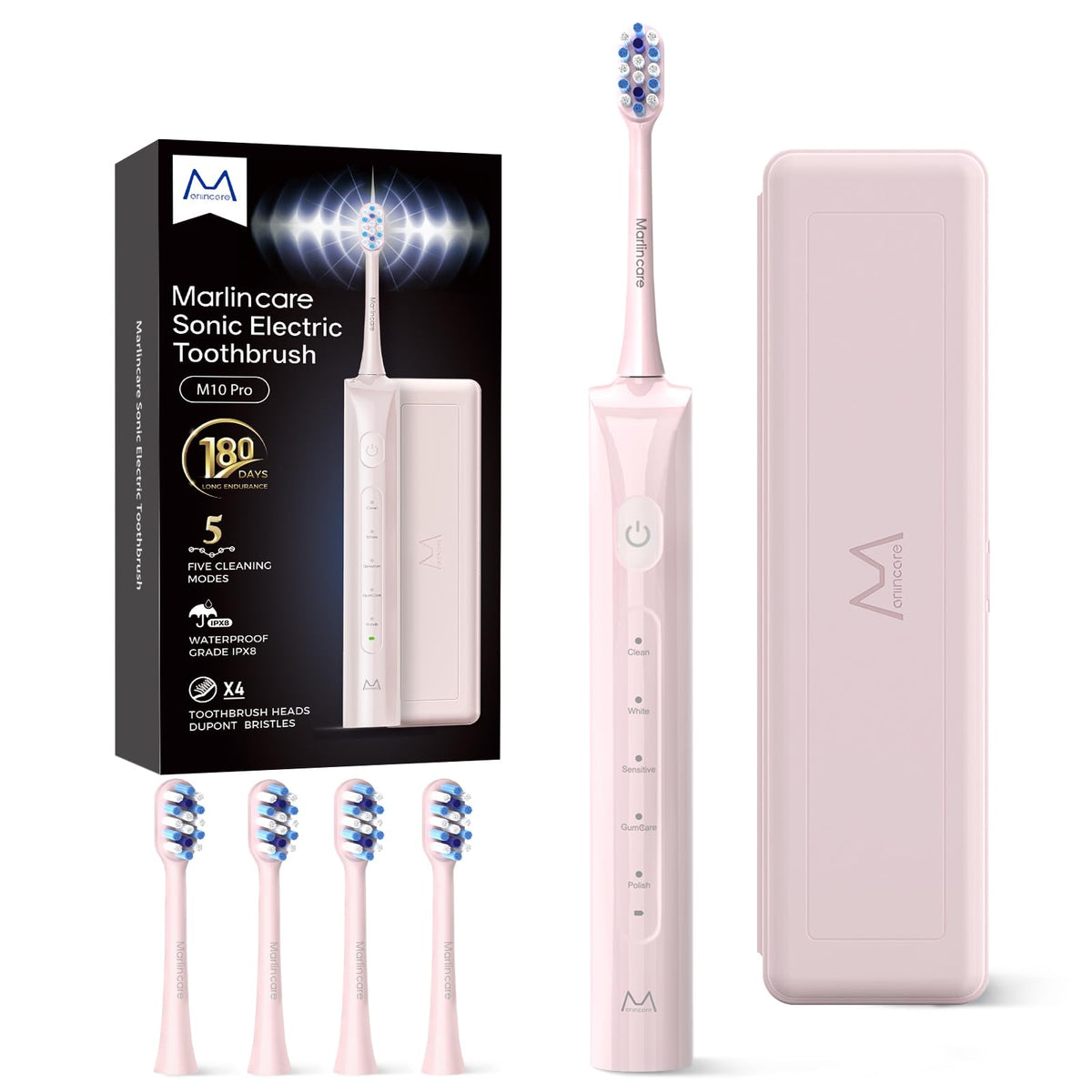 Marlincare pink electric toothbrush with travel case and 4 replacement heads