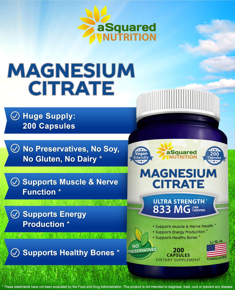 Serving size showing two capsules delivering 833 mg magnesium citrate