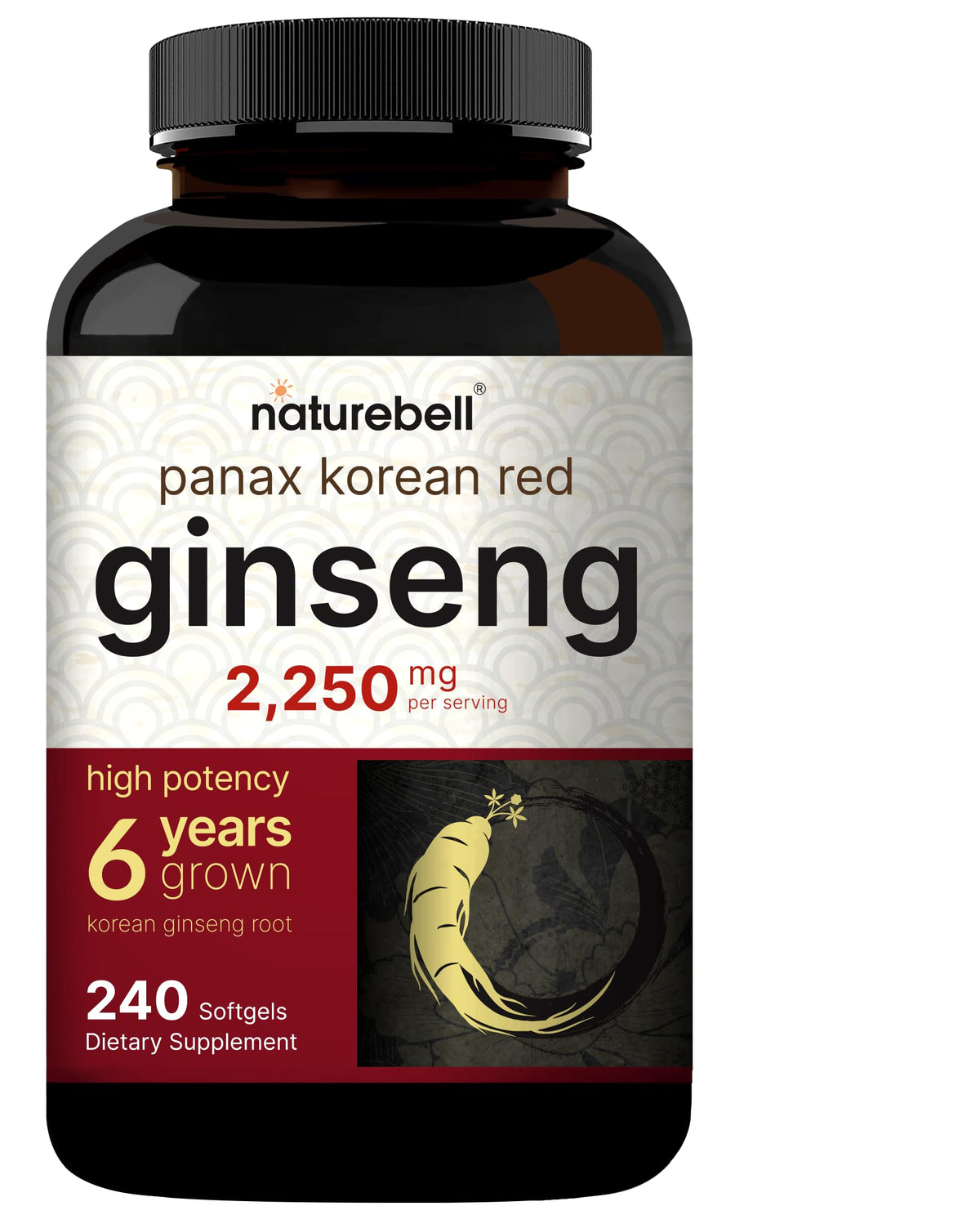 NatureBell Korean Red Ginseng 2250mg softgels bottle close-up label