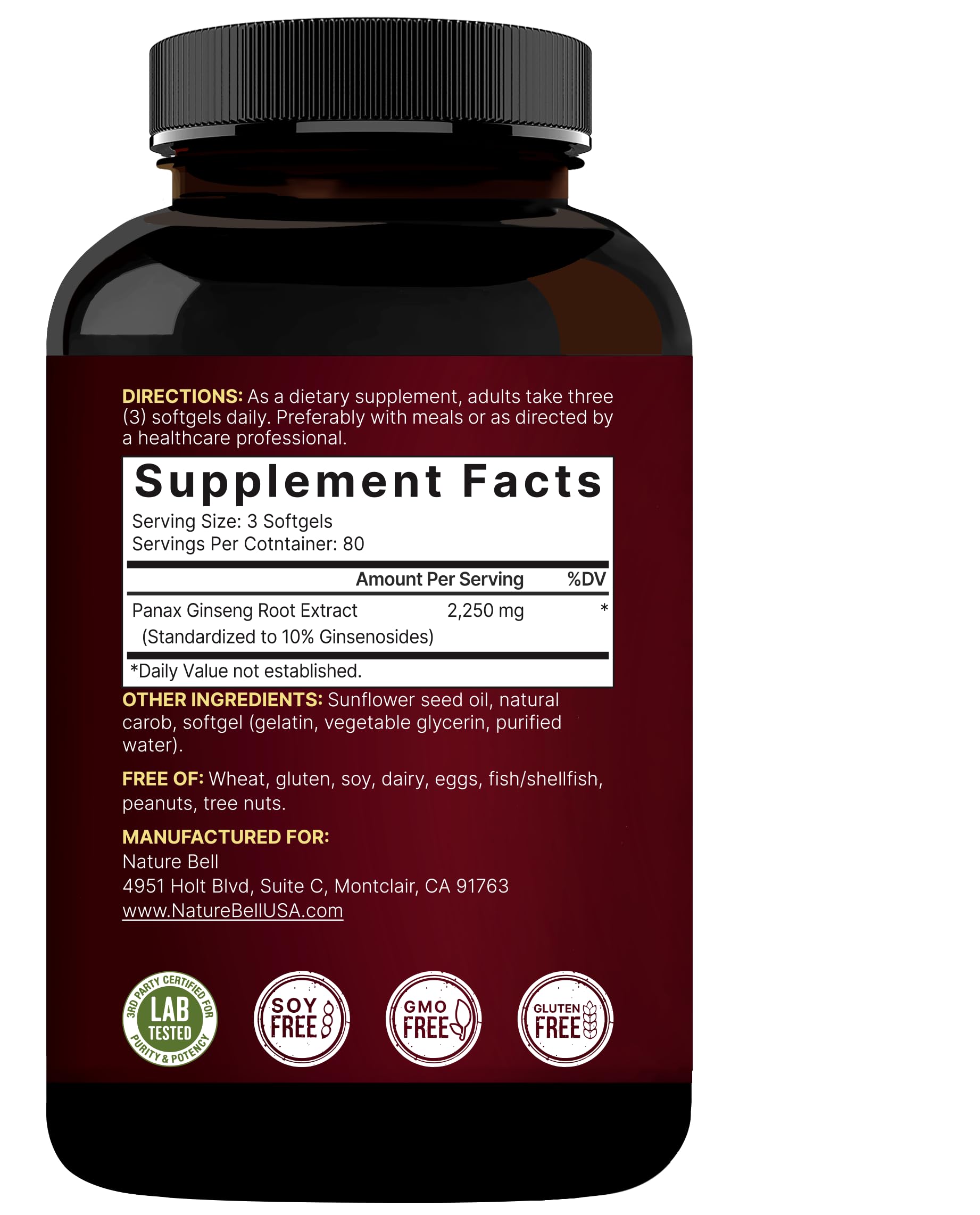 Third-party lab testing badge on NatureBell ginseng product