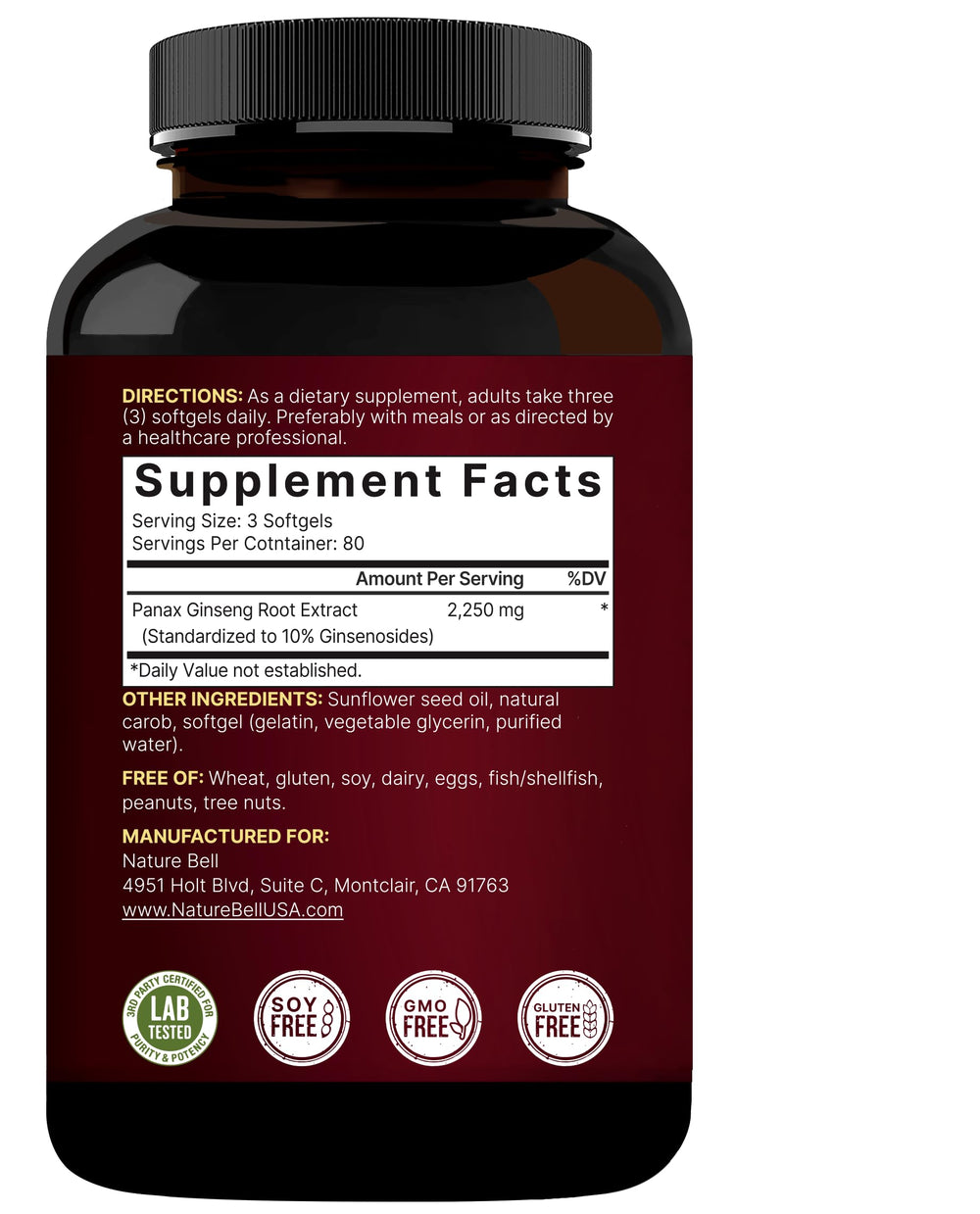 Third-party lab testing badge on NatureBell ginseng product
