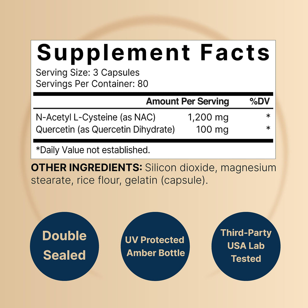 NatureBell NAC 1200mg label showing 1200mg NAC and quercetin