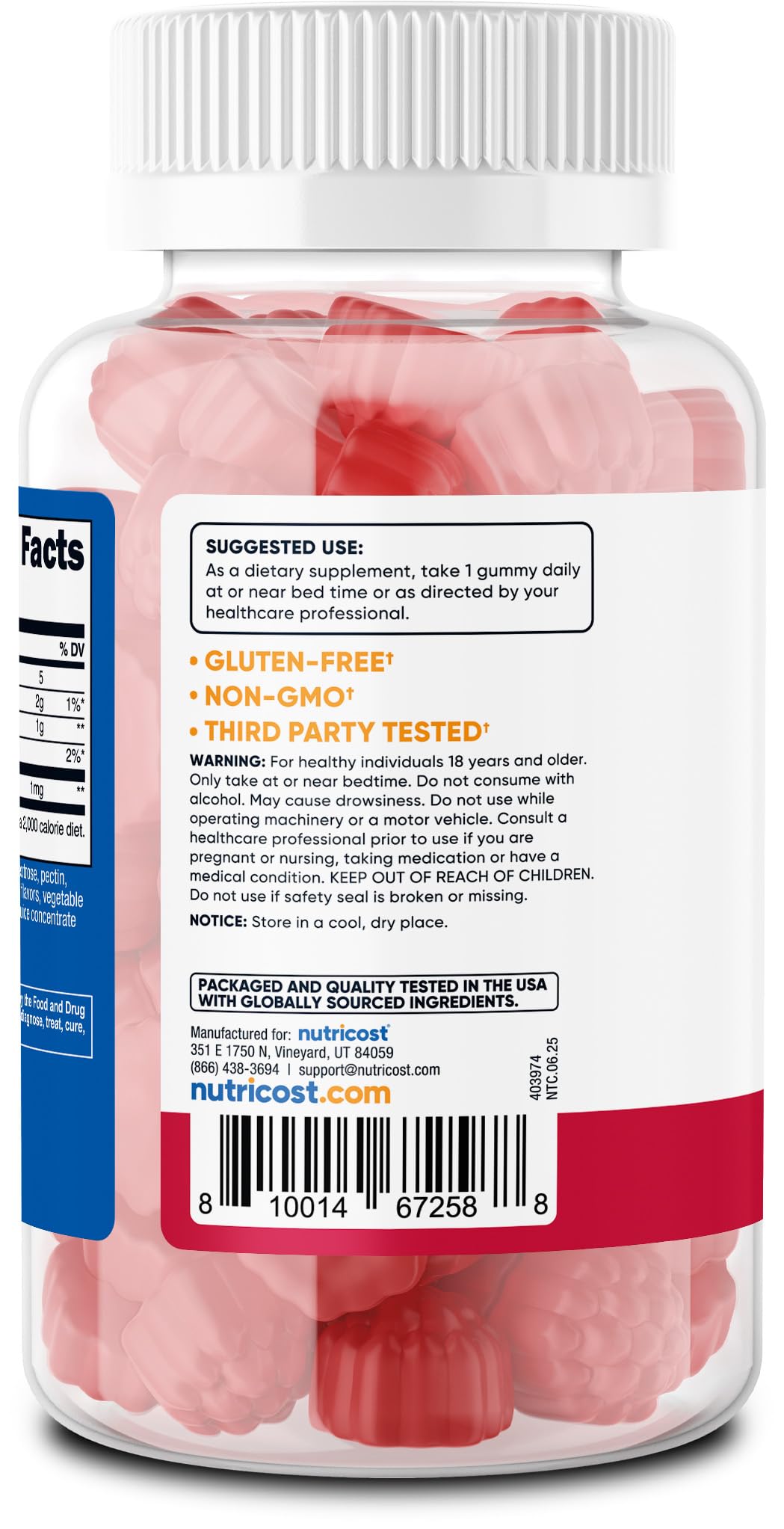 Back label view of Nutricost Melatonin 1mg Gummies Strawberry bottle