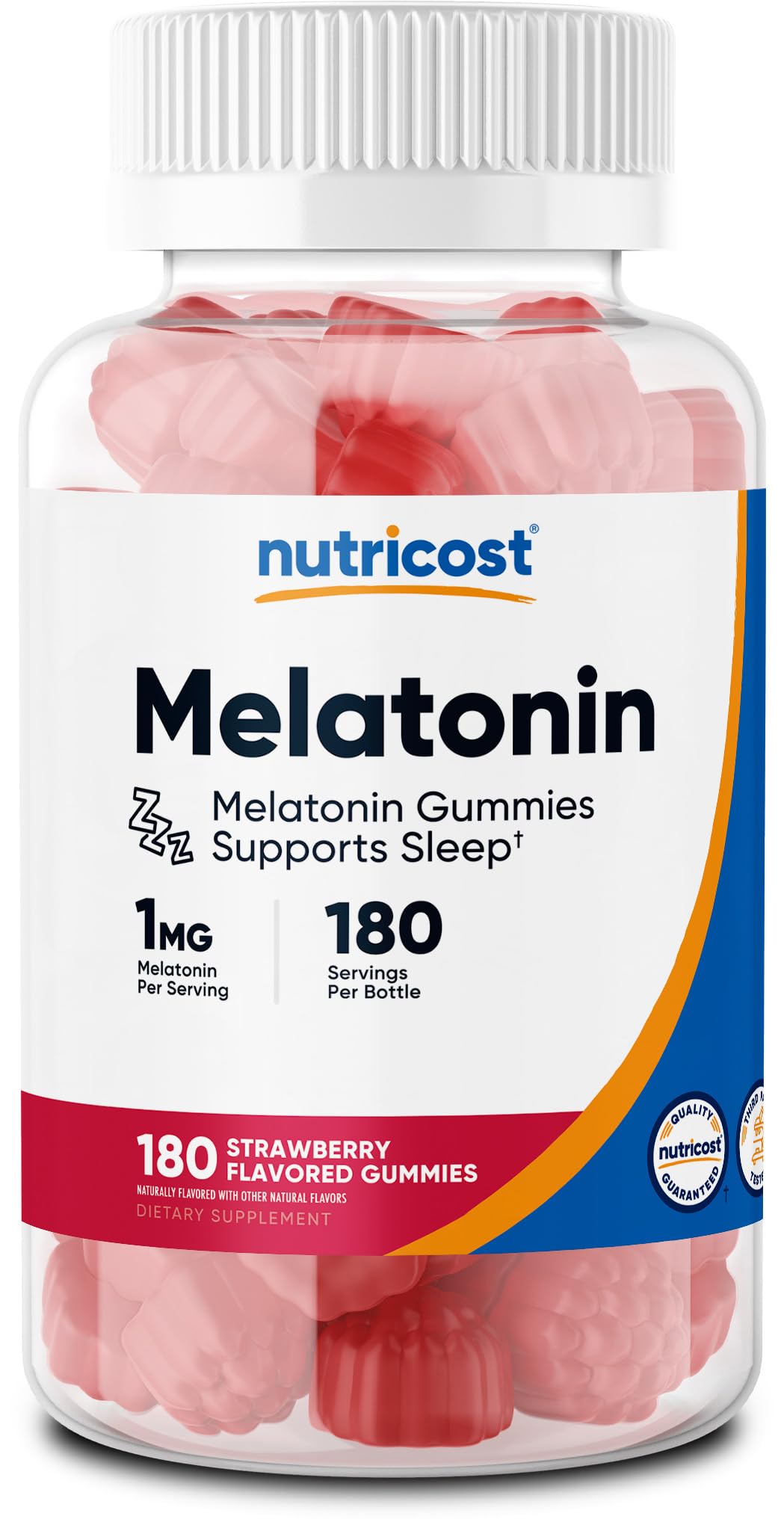 Strawberry-flavored Nutricost Melatonin 1mg Gummies bottle (180 count)