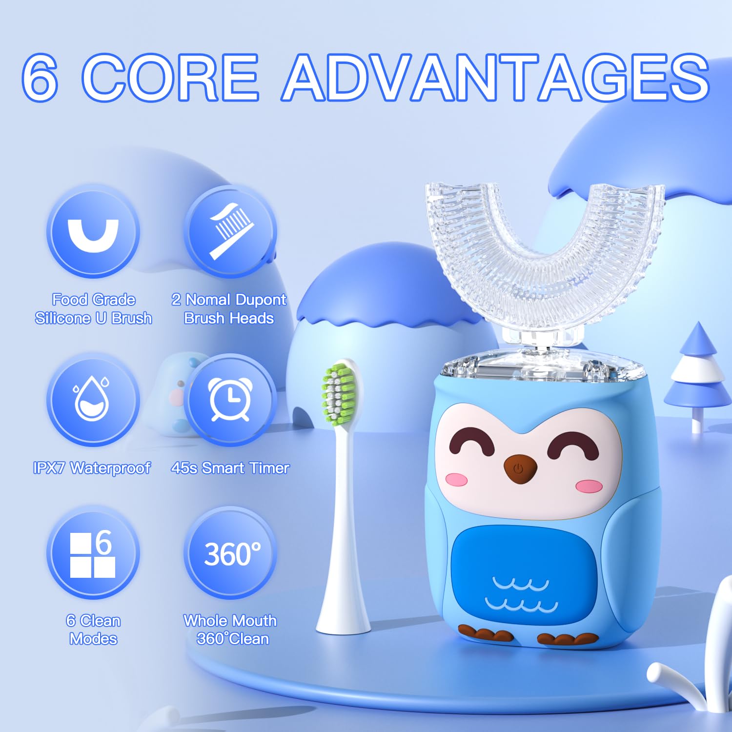 PVOGRT Kids U-Shaped Electric Toothbrush Blue - side view with handle
