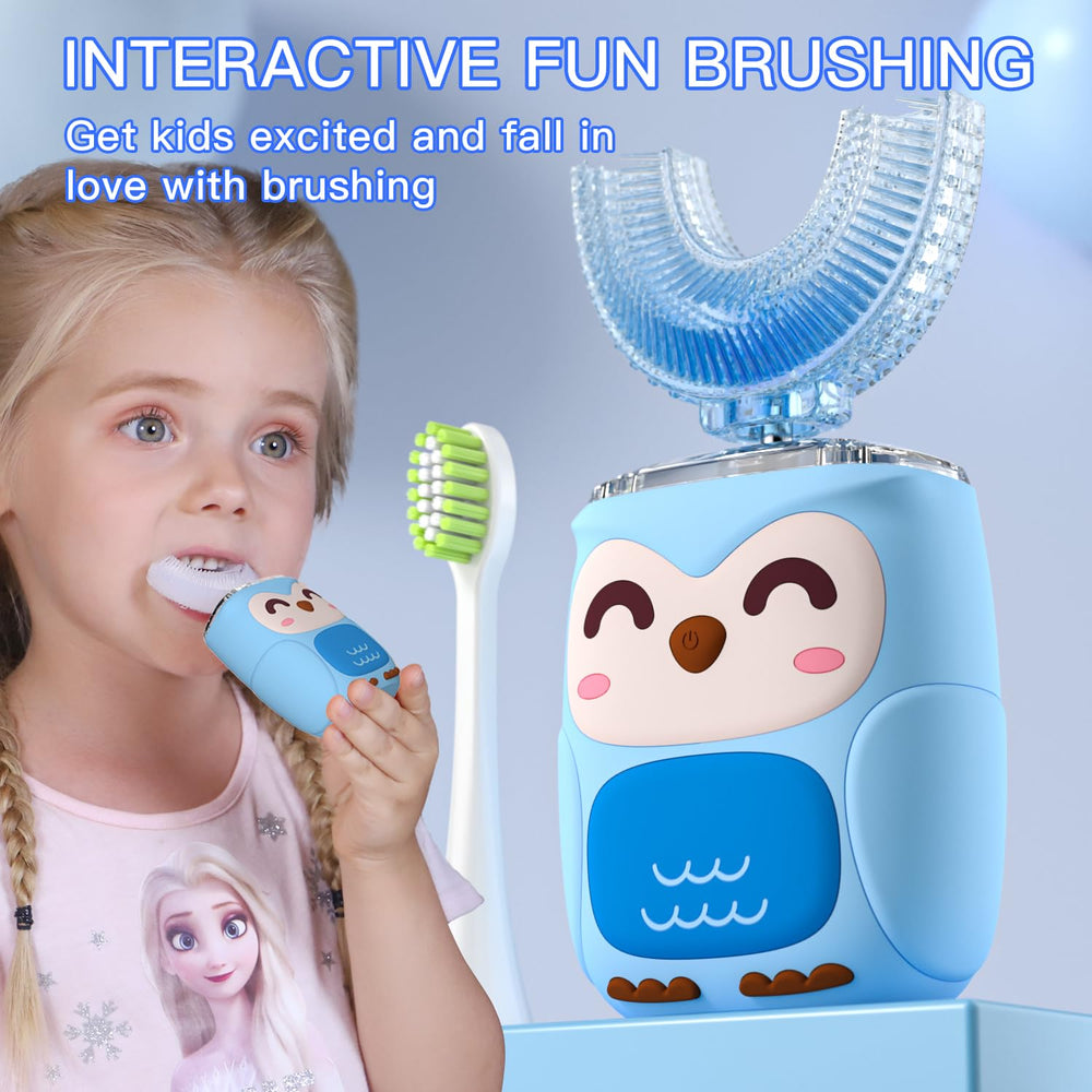 Blue PVOGRT Kids Electric Toothbrush with 4 U-shaped and 2 normal heads
