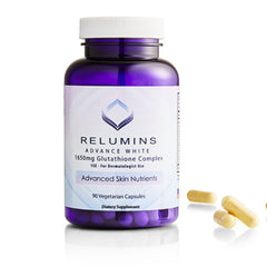 Front view of Relumins Glutathione supplement bottle with 90 veggie capsules
