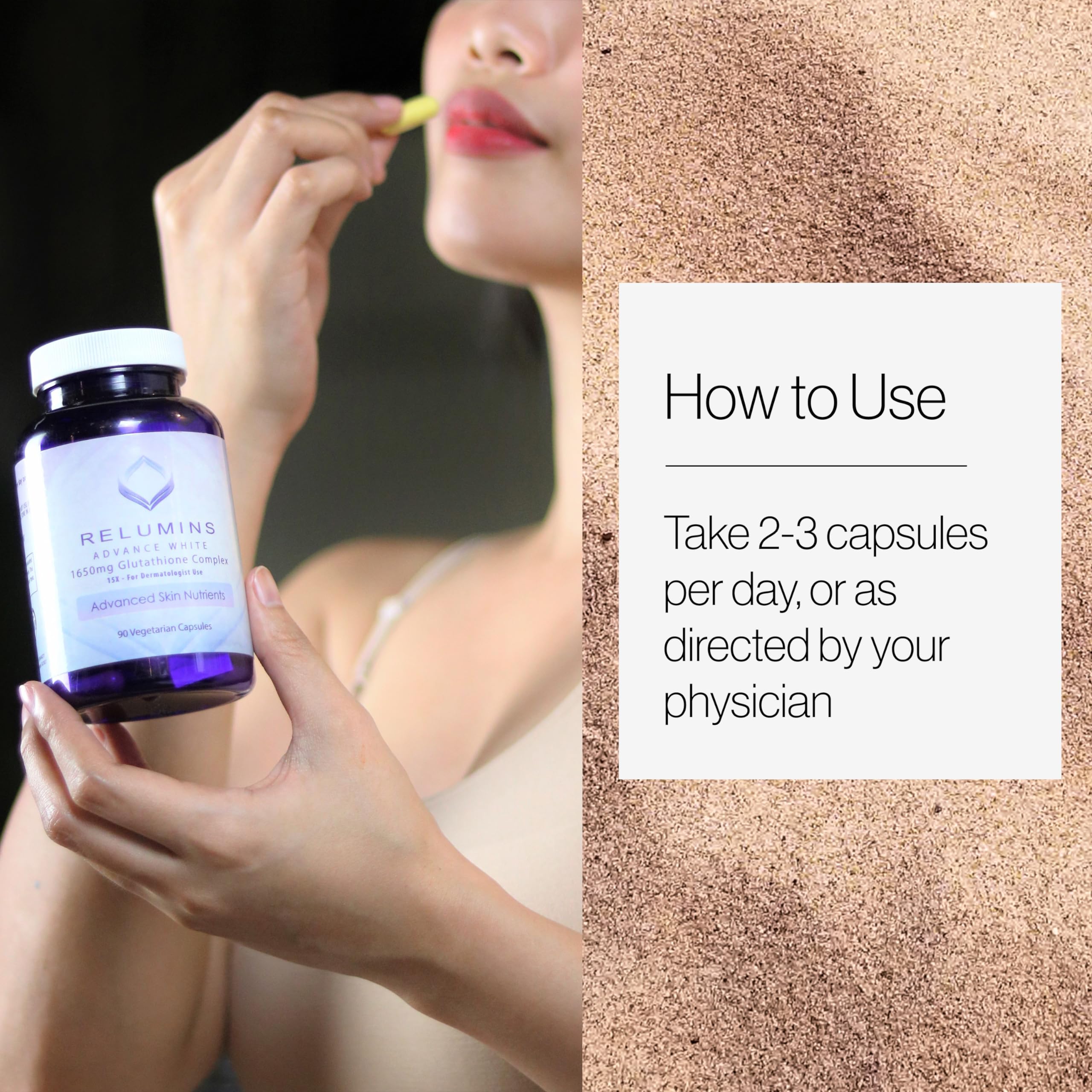 Relumins Glutathione supplement made in USA label on bottle