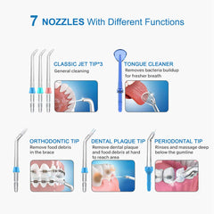 Includes standard jet tips, orthodontic tip, plaque brush tip, periodontal pocket tip, and tongue cleaner