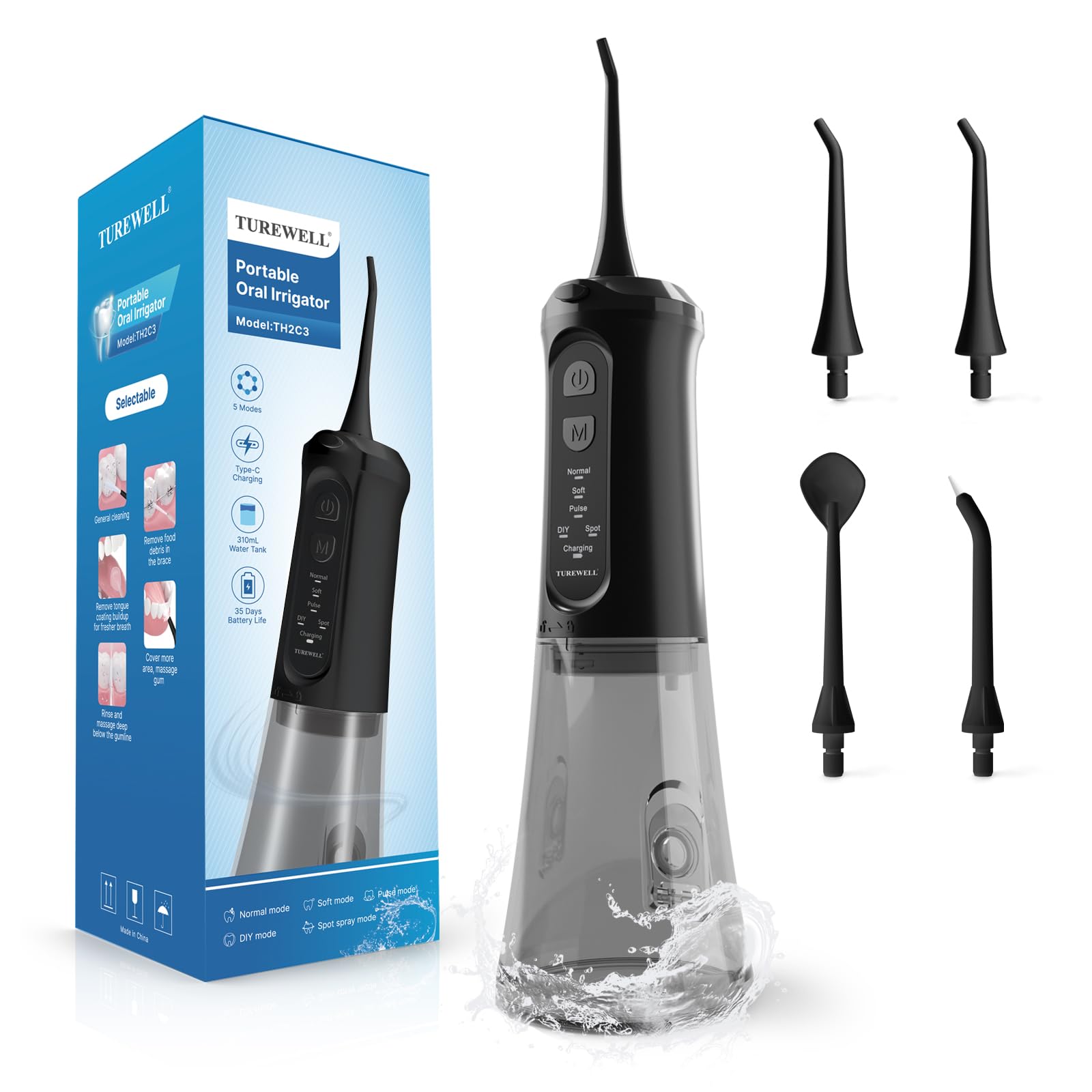 Front view of black TUREWELL water flosser with 310 ml tank