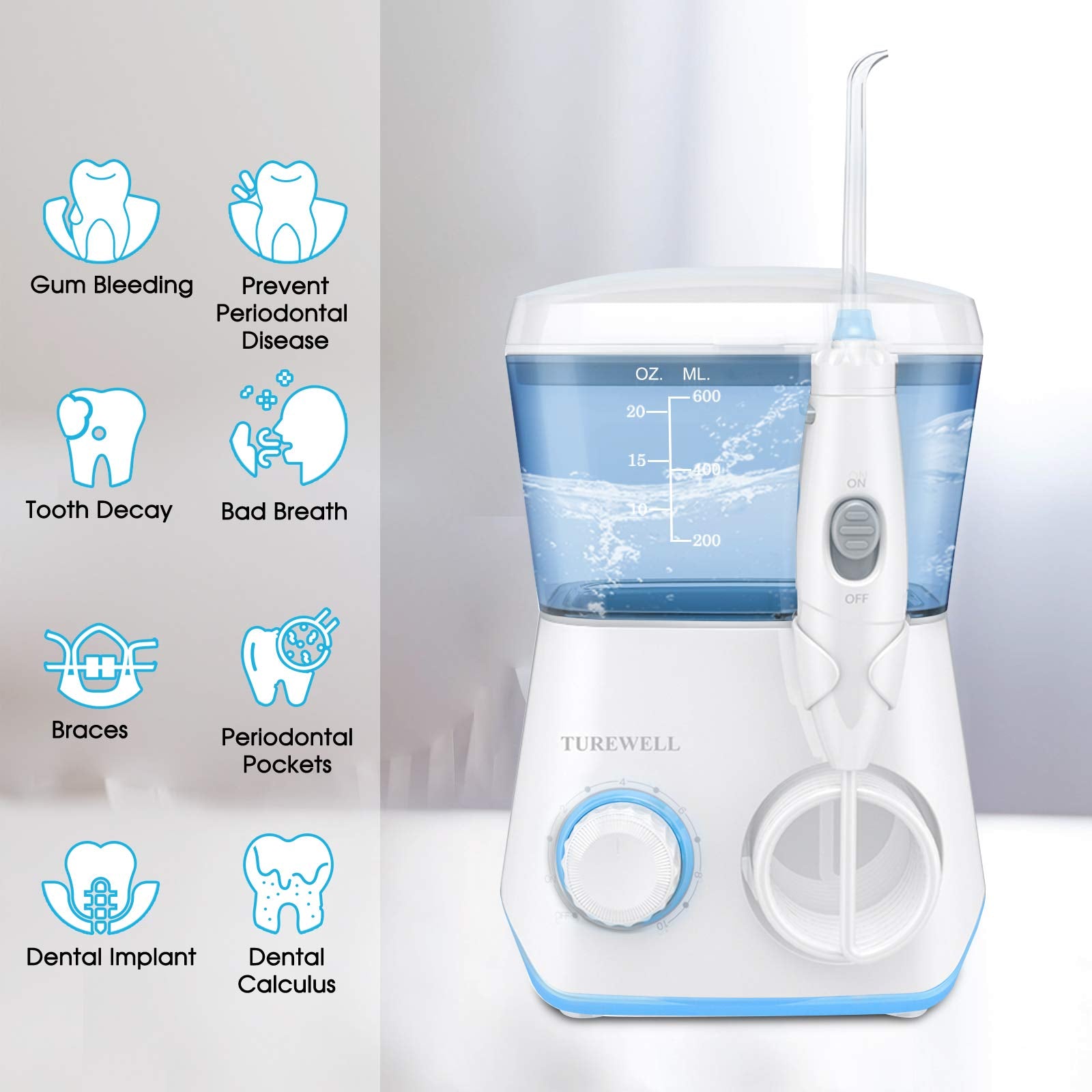 Side view of TUREWELL Water Flosser with white body